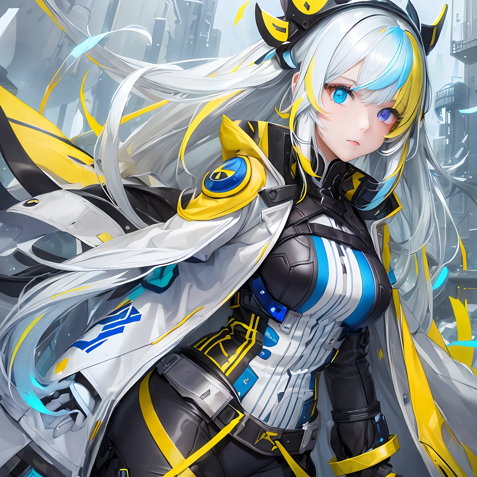 A girl with (heterochromia:blue and yellow:1.4)0.8], long white hair with bangs, highlighting her colored eyes, wearing technological clothes:1.25). --s2