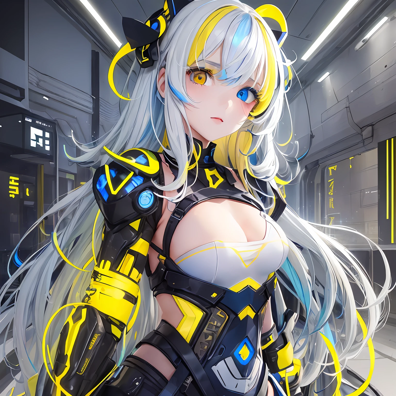 A girl with (heterochromia:blue and yellow:1.4)0.8], long white hair with bangs, highlighting her colored eyes, wearing technological clothes:1.25). --s2