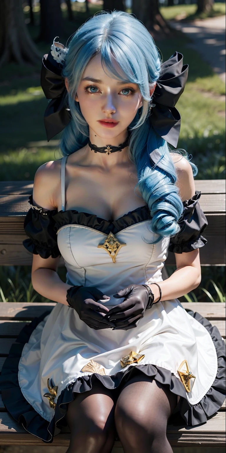 best quality, masterpiece, super high resolution, (realistic:1.4), original photo, 1girl, black bow, black gloves, black legs, blue eyes, blue hair, bow, collarbone, dress, drill hair, frilled dress, frilled trim, gloves, gwen\(League of Legends\), hair accessory, high resolution, league of legends, long hair, parted lips, fluffy sleeves, pink pupils, smile, solo, white dress, x, x hair ornament, ((forest)), lawn, sitting on bench, Hold the cheeks