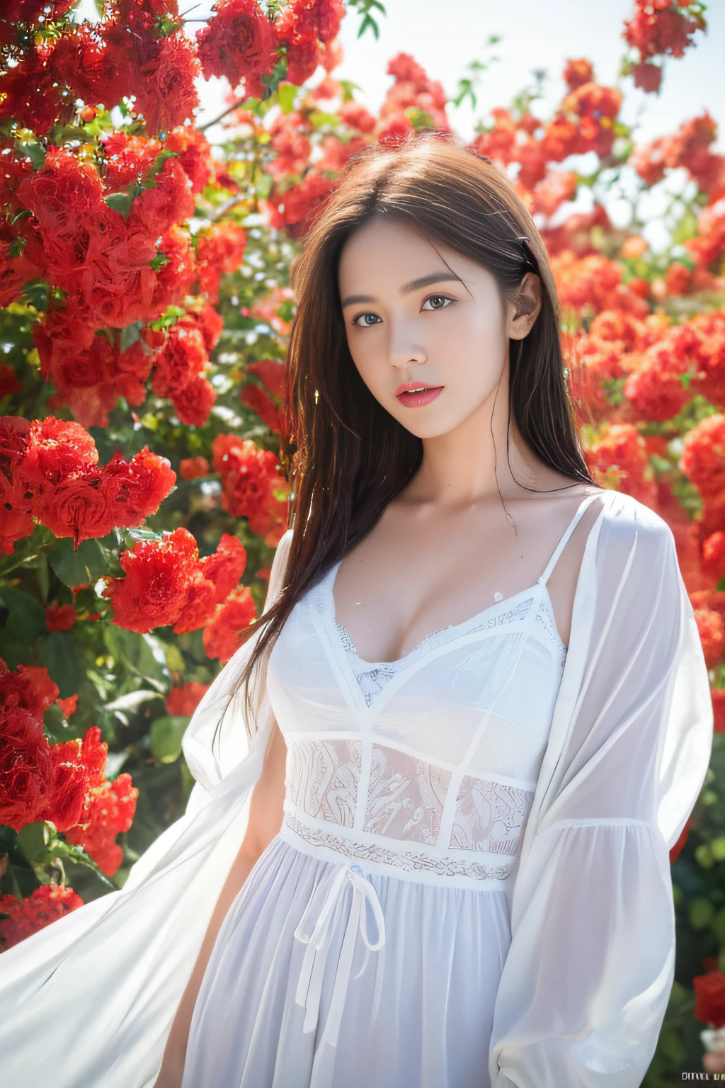 A woman dressed in white gauze takes a photo against a red background surrounded by flowers (35mm style: 1.1), analog style, masterpiece, original, film grain, light magic lighting beam, dust in the beam, realism, vfx, fxaa, txaa, rtx, ssao, shader, noise reduction, noise reduction, ambient occlusion, tone mapping, moonlight, super resolution, ultra hd, megapixels, (8k resolution: 1.10), 8k, 8kres, 8k resolution, high detail, detail and intricacies, intricate details, absurd amount of detail, absurd, high resolution, (high quality: 1.2, masterpiece: 1.2, : 1.21), (mature female: 1.21 )。 White clothes, long hair, royal blue eyes, full body photo, beautiful breasts: 1.2, (wet clothes: 1.1) Focus: 1.2, Perfect body beauty: 1.4,