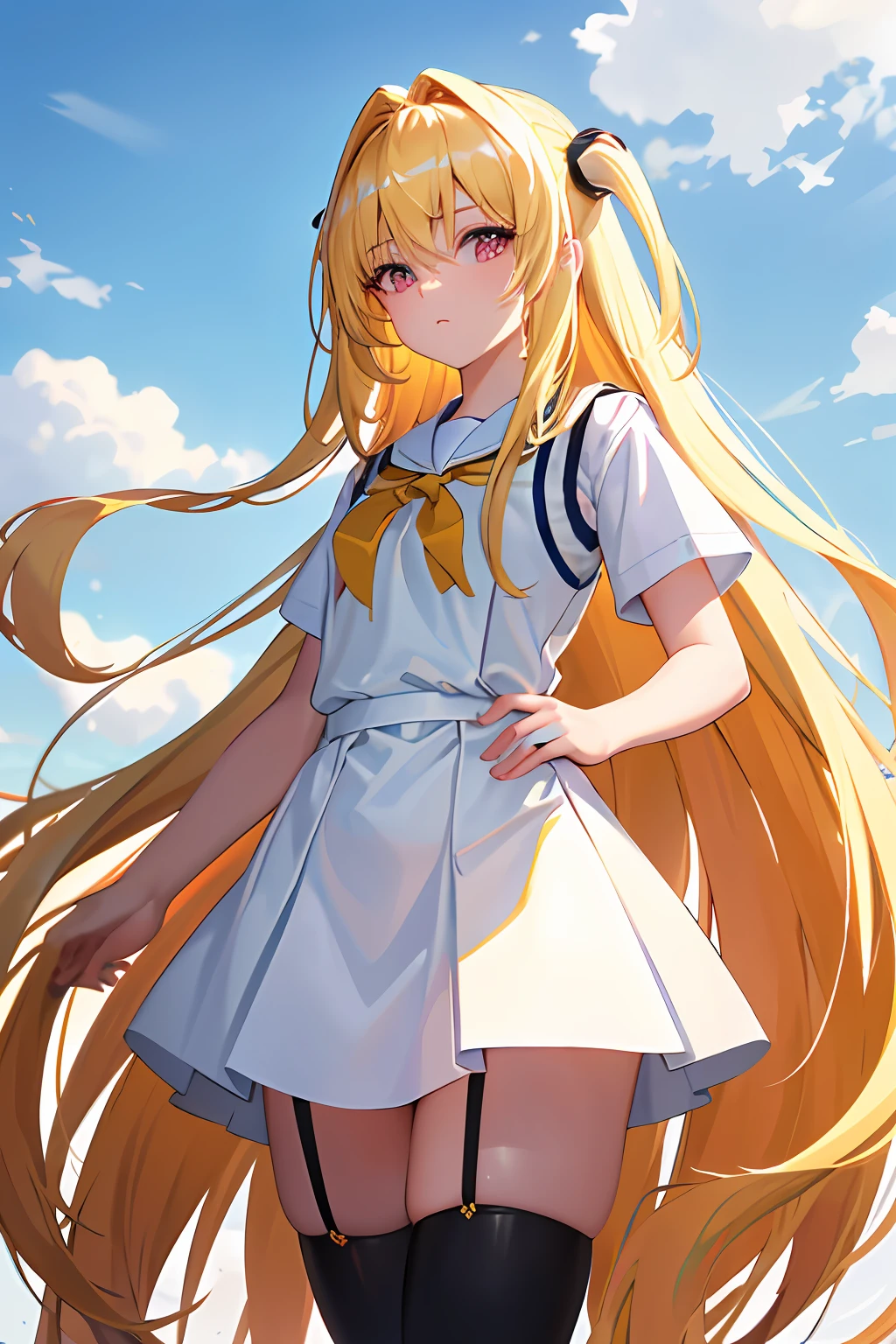 (masterpiece:1.6, best quality), (finely detailed beautiful eyes: 1.2), phyami, yamisch, 1girl, long hair, solo, hair ornament, hair between eyes, two side up, blonde hair, very long hair, red eyes, thigh strap, sweater vest, plaid, socks, two side up, hair ornament, kneehighs
, phyami, 1girls wearing buruma and (white gym uniform), solo, hair ornament, hair between eyes, two side up, blonde hair, long hair, very long hair, red eyes, (hair ornament), small breasts,very big eyes, Aesthetic Anime Eyes, small face, 8k, masterpiece, best quality,ultra-detailed, an extremely delicate and beautiful, beautiful detailed eyes, beautiful detailed glow, High-key lighting, looking at viewer, blush, (schoolyard), (sky), cowboy shot, from behind,