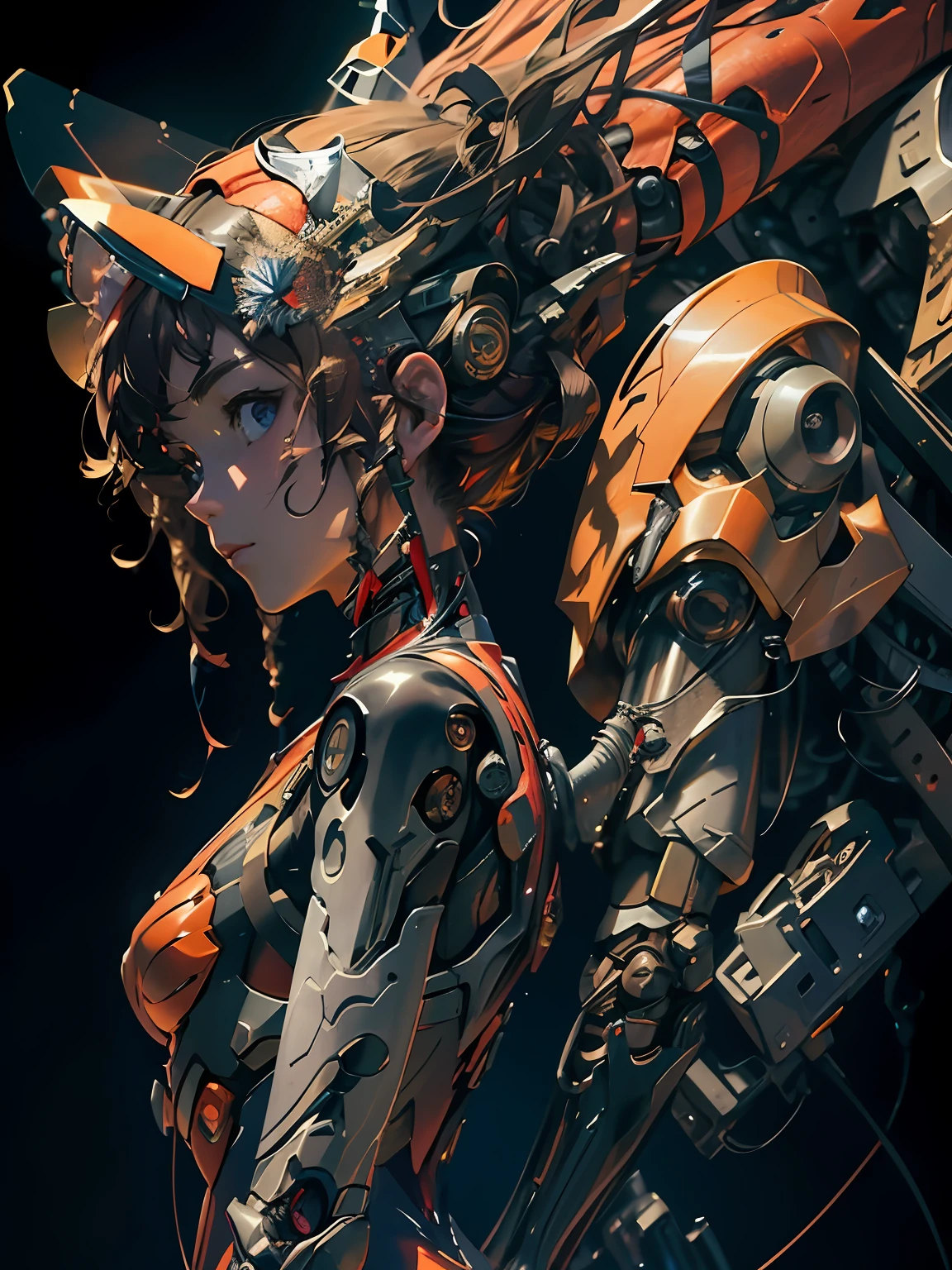masterpiece, best quality, ultra-detailed, illustration, 1girl, highly detailed evangelion costume, (large robot background), detailed skin texture, beautiful detailed face, upper body, intricate details, ultra detailed