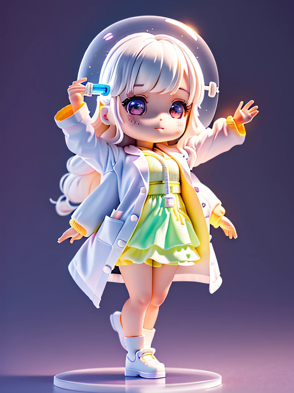 Official Art, Unified 8k Wallpaper, Super Detailed, Beautiful and Aesthetic, Masterpiece, Best Quality, Super Large Wallpaper, Big Scene, Super Cute Girl Full Body 3D Drawing, 1pcs, Good Looking, Big Eyes, Cute, Happy, C4D, Pop Matt Blind Box, White Long Hair, Glowing Bubbles, Toy, Solid Color Background, Chibi, Fluorescent Translucency, Emitter, Kawaii, Doll, ((((Scientist, White Lab Coat))), Reference Sheet, Pop Mart Blind Box, Pixar, Intricate Details, 3D Rendering , blender, OC renderer, fol body reference sheet, dribble, high details, 8k, studio lighting, loli, petite, child, chibi, standard definition characters: 1.1, magic ruins background