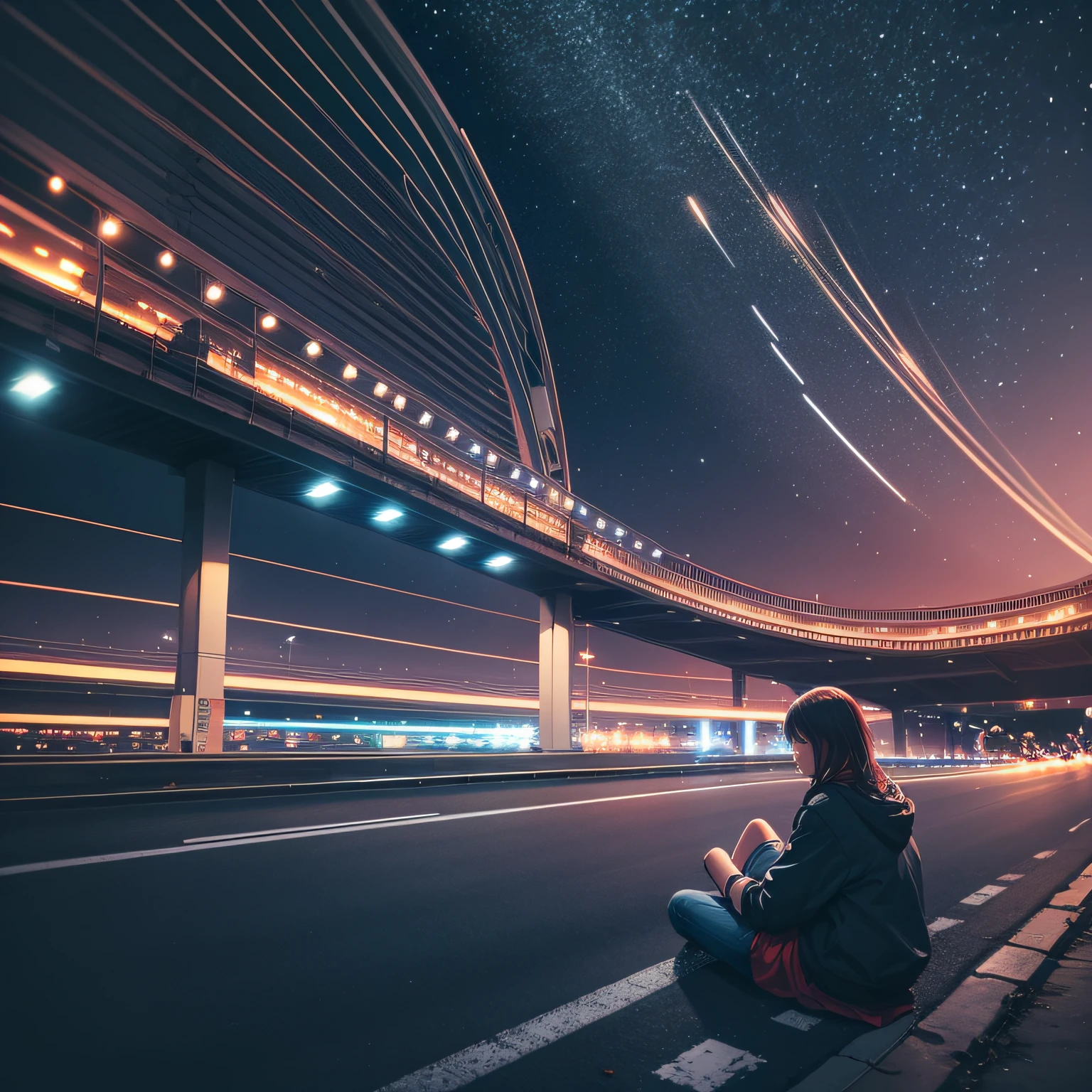 sitting on the road divider, cars passing by, night, lights --auto --s2