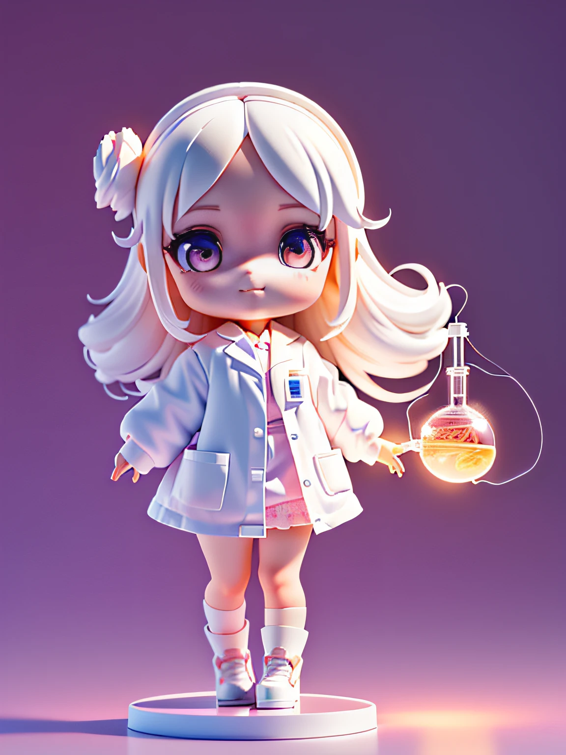 Official Art, Unified 8k Wallpaper, Super Detailed, Beautiful and Aesthetic, Masterpiece, Best Quality, Super Large Wallpaper, Big Scene, Super Cute Girl Full Body 3D Drawing, 1pcs, Good Looking, Big Eyes, Cute, Happy, C4D, Pop Matt Blind Box, White Long Hair, Glowing Bubbles, Toy, Solid Color Background, Chibi, Fluorescent Translucency, Emitter, Kawaii, Doll, ((((Scientist, White Lab Coat))), Reference Sheet, Pop Mart Blind Box, Pixar, Intricate Details, 3D Rendering , blender, OC renderer, fol body reference sheet, dribble, high details, 8k, studio lighting, loli, petite, child, chibi, standard definition characters: 1.1, magic ruins background