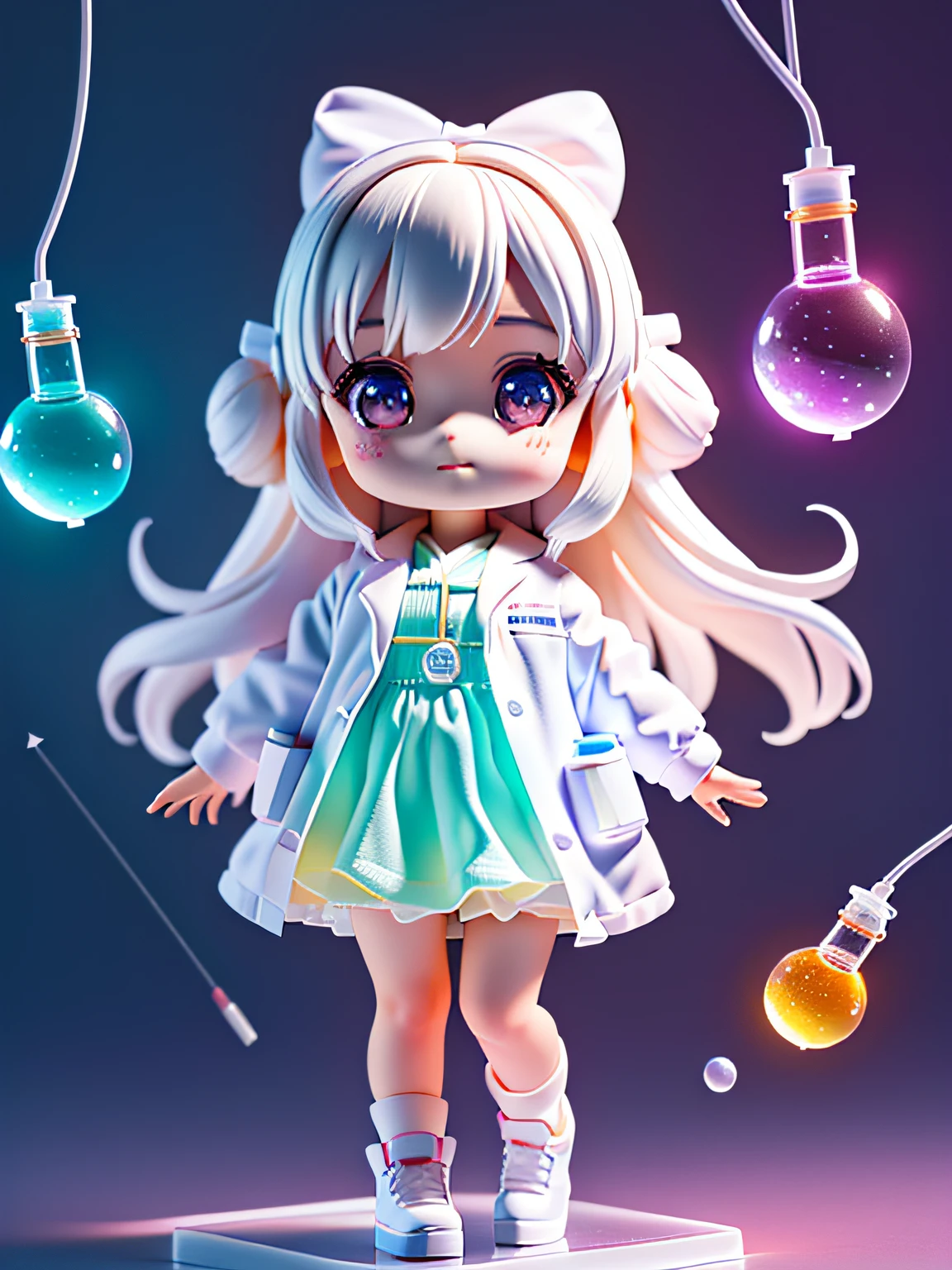 Official Art, Unified 8k Wallpaper, Super Detailed, Beautiful and Aesthetic, Masterpiece, Best Quality, Super Large Wallpaper, Big Scene, Super Cute Girl Full Body 3D Drawing, 1pcs, Good Looking, Big Eyes, Cute, Happy, C4D, Pop Matt Blind Box, White Long Hair, Glowing Bubbles, Toy, Solid Color Background, Chibi, Fluorescent Translucency, Emitter, Kawaii, Doll, ((((Scientist, White Lab Coat))), Reference Sheet, Pop Mart Blind Box, Pixar, Intricate Details, 3D Rendering , blender, OC renderer, fol body reference sheet, dribble, high details, 8k, studio lighting, loli, petite, child, chibi, standard definition characters: 1.1, magic ruins background