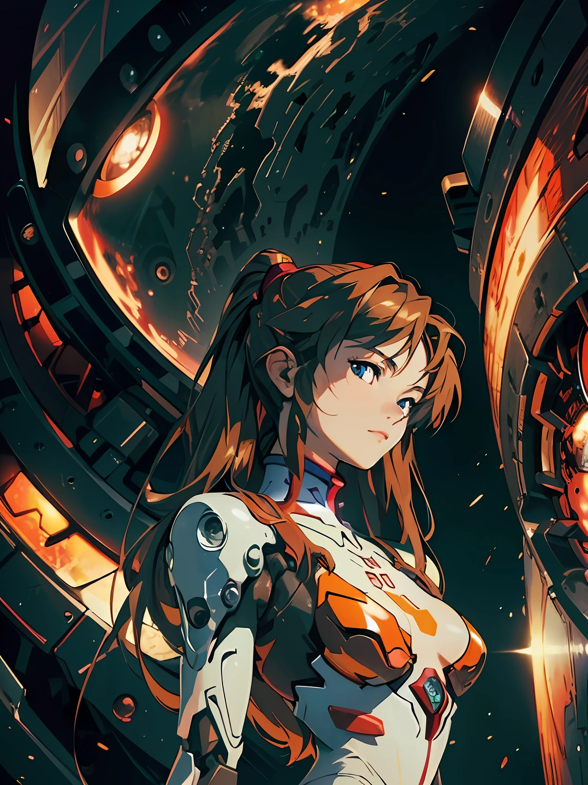 masterpiece, best quality, ultra-detailed, illustration, 1girl, highly detailed evangelion costume, (large robot background), detailed skin texture, beautiful detailed face, upper body, intricate details, ultra detailed