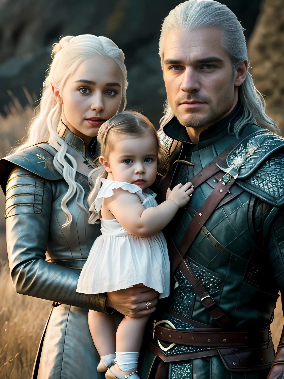 raw fullbody ((family photo of a father and mother with their daughter)), ((mother carrying daughter)), [1girl, daenerys targaryen, Emilia Clarke], (1man, Henry Cavill as Geralt de Rivia The Witcher), with their ((1girl, 5  daughter)))), medieval clothing,((half body shot)), realistic proportions, realistic pupils, ((3 member family portrait)) limited palette, highres, cinematic lighting, 8k resolution, front lit, sunrise, RAW photo, Nikon 85mm, Award Winning, Glamour Photograph, extremely detailed, beautiful Ukrainian, mind-bending, Noth-Yidik, raw fullbody photo of Daenerys Targaryen and Geralt de Rivia The Witcher with 5 year oldr, highly detailed, artstation, smooth, sharp focus, 8K,, trending on instagram, trending on tumblr, hdr 4k, 8k