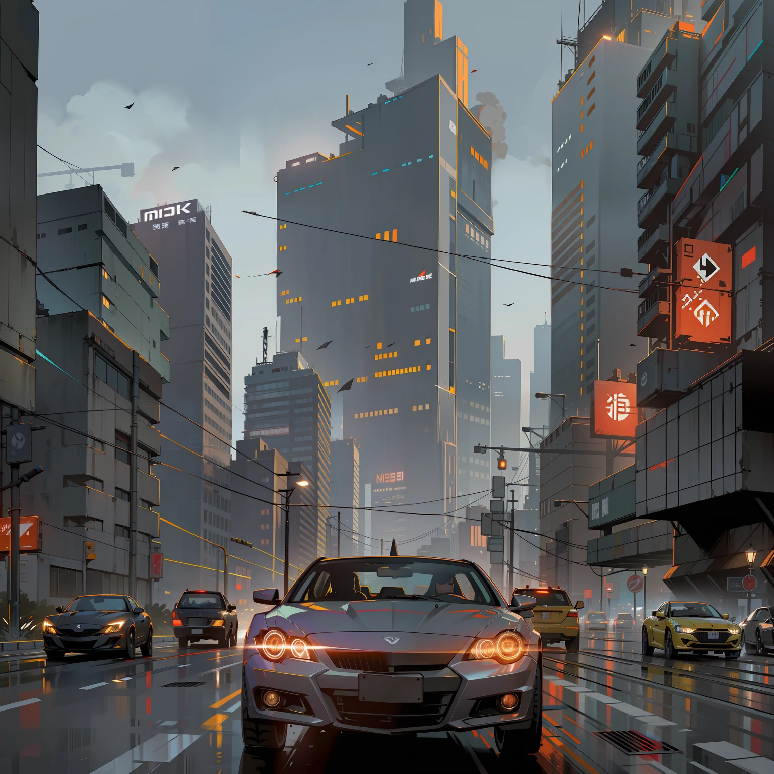 Behind the city background, cyberpunk style, night, strong contrast, no other debris around, car running at high speed on the highway, the environment is night, black sky, a car --auto --s2