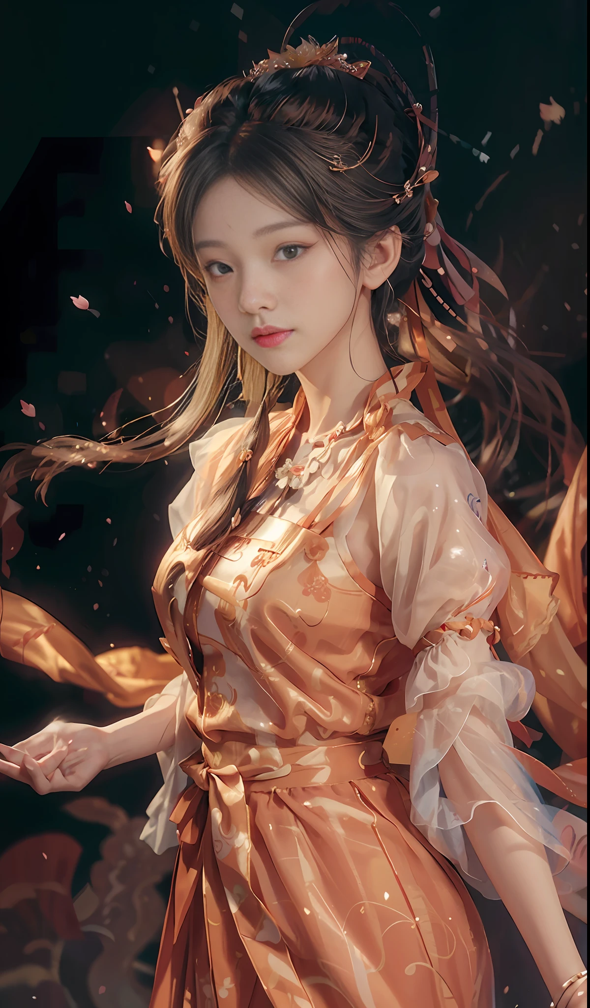 (Original photo, best quality), (realistic, photo realistic: 1.3), orange hanbok dress, delicate headdress, hairpins, water sleeves, flying ribbons, delicate facial features, flying petals, 8k wallpaper, ink, amazing, movie lighting, lens_flare, dunhuang_style