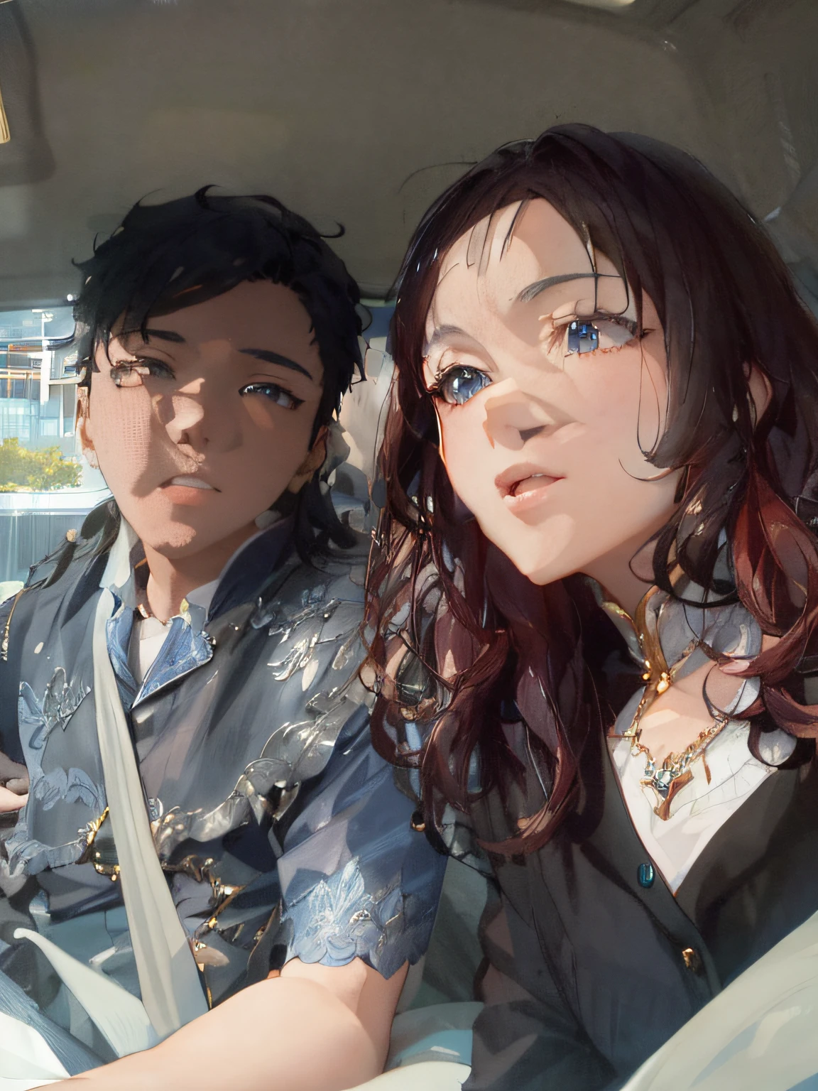 masterpiece, best quality, ultra-detailed, anime, beautiful, couple, cinematic lighting, inside the car, black shirt, colorful, cute anime, highest detailed, bangs, male and female, background, cute couple, simple detail male, simple male, nsfw