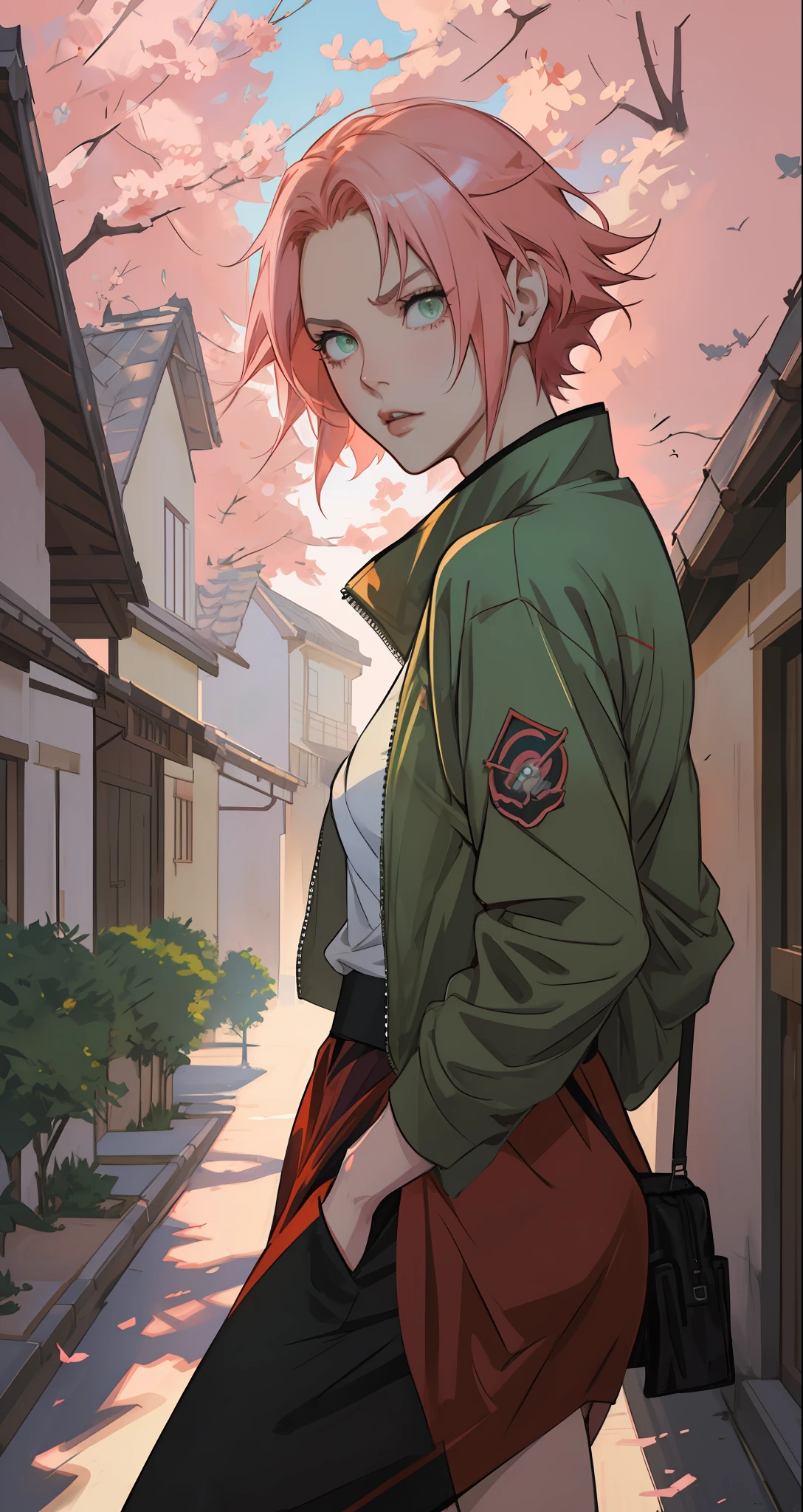 Sakura haruno, seductive, ((forehead to show)), attractive, sexy eyes, green eyes, red coat, walking through a village, pink hair, delicate, young, short hair, detailed face, high definition, full body, defined strokes, well-drawn strokes, from League of Legends, trend in artstation, by rhads, andreas rocha, rossdraws, makoto shinkai, laurie greasley, lois van baarle, ilya kuvshinov and greg rutkowski