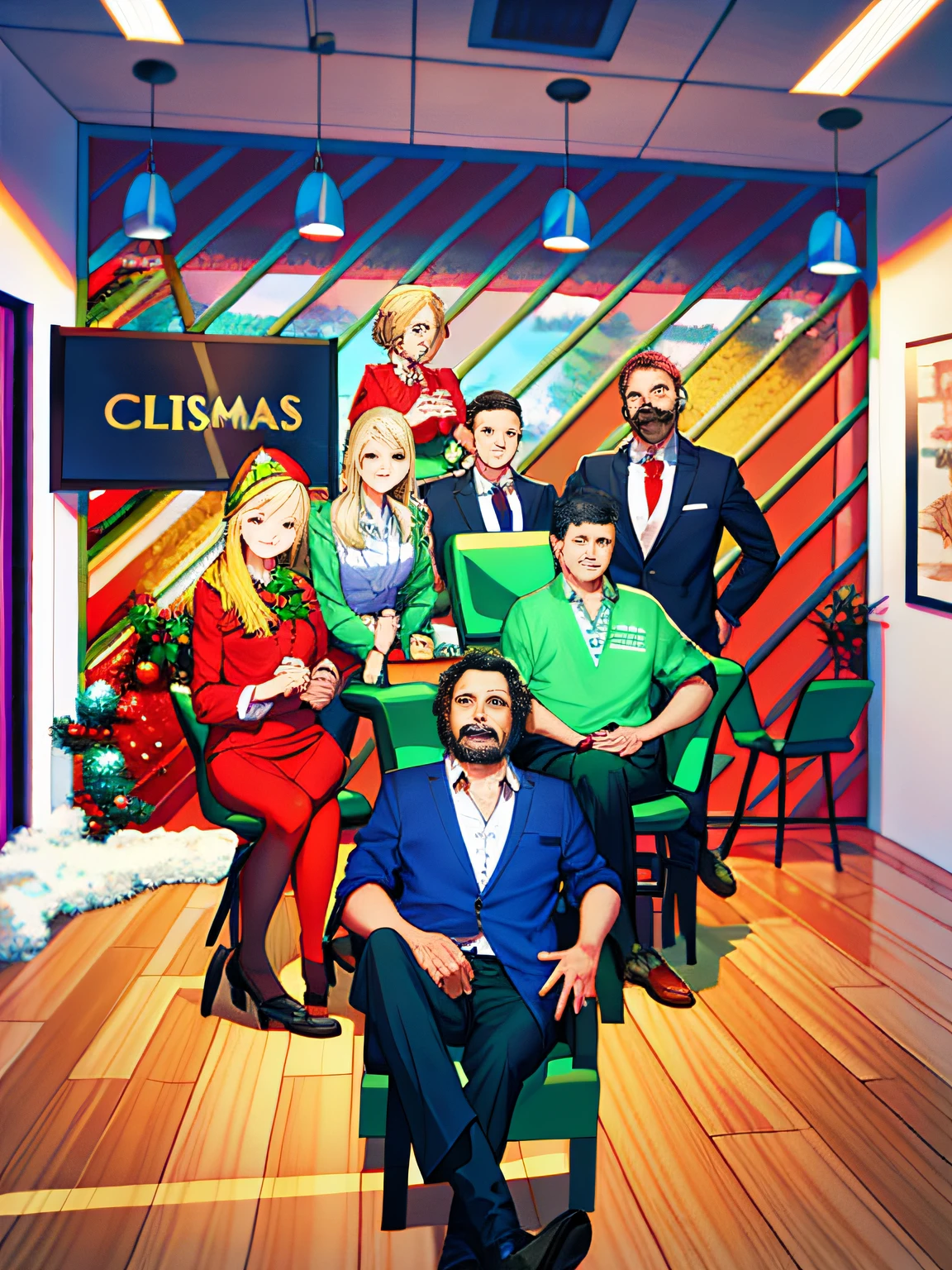there are many people sitting and standing in a office room together, group photo with 3 girls and 4 boys, photorealistic, realistic, Christmas theme, ultra detailed faces, ultra detailed hands, ultra resolution
