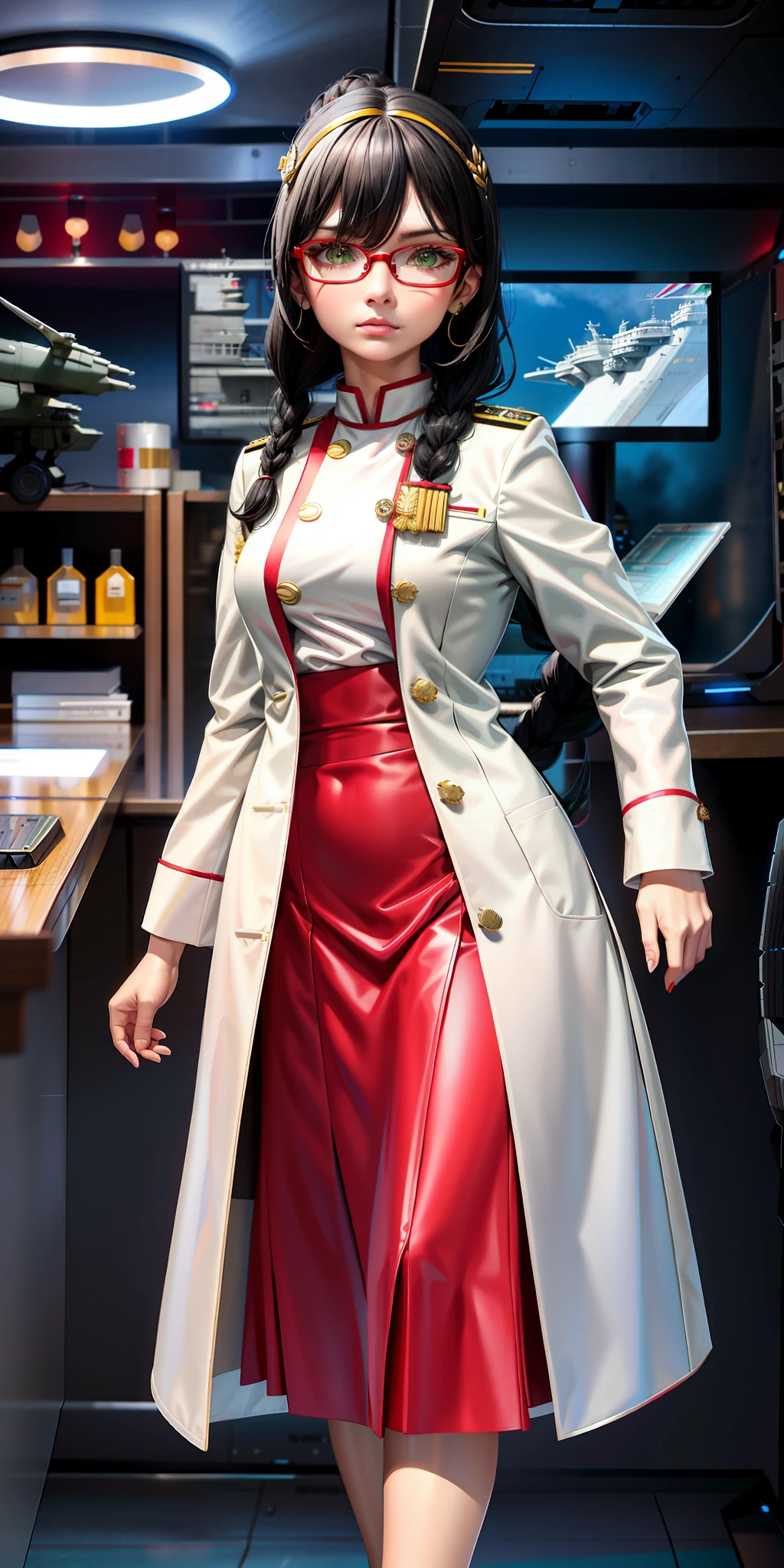 high definition,woman,small size,black hair,double braid hairstyle,bang bang,green eyes,red glasses,in formal dress,uniform,white coat,dark expression,warship,ship aircraft carrier, futuristic, science fiction, warplane, space, war