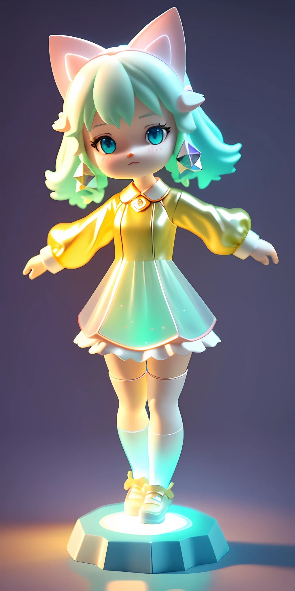full body, super cute girl, fluorescent translucent holographic pajamas, blind box, pop mart design, exaggerated expressions and movements, fluorescent, holographic, diamond luster, metallic texture, fluorescent, holographic, a huge cat behind the gril, bright light, clay material, precision mechanical parts, close-up intensity, 3d, ultra- detailed, C4D, octane rendering, Blender, 8K, HD --niji 5 --style expressive