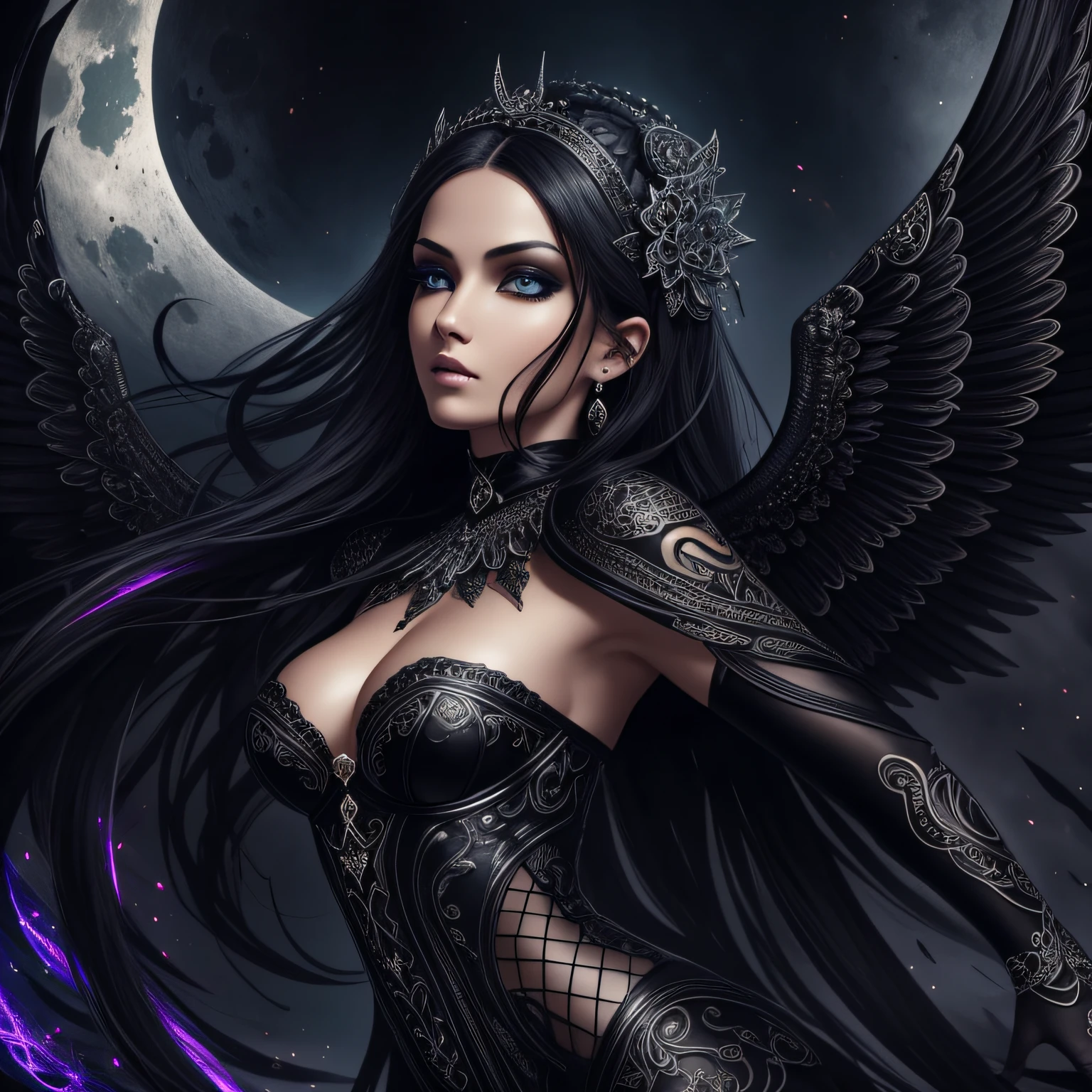 ornate, intricate details, beautiful dark angel, beautiful face, gothic style, hyper-realistic fantasy art, digital illustration, black colorful, moon scene, Perfect anatomy, Studio photo, Rich color, Sensual, Fantasy, Photorealistic, Ultra detailed, Vibrant lighting, Realistic textures, Beautiful face, Cute Eyes, Fine details, Intricate details, Full body, Hyperrealistic, Shine, Full figure, Supermodel --auto --s2