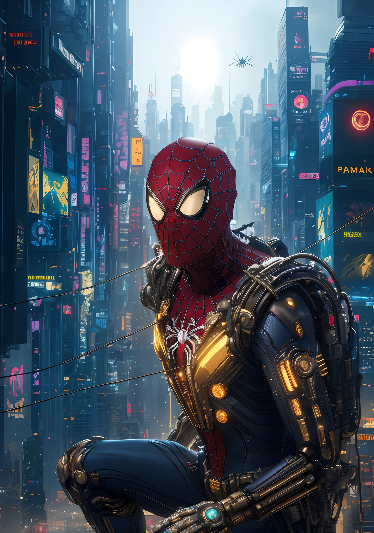 Best quality, (Masterpiece:1.5), 8k, UHD, (Highly detailed digital illustration:1.3), A (full body:1.3) shot at 8k resolution, splash art, fantastic comic book style, photorealistic, happy look, anatomical photorealistic digital Art of (("Cyberpunk Spider-Man wearing golden cybernetic suit in a cyberpunk cityscape fighting in dynamic angle")), (cyberpunk cityscape background:1.5), highly detailed background, light particle, very detailed skin, very detailed eyes, sharp focus, concept artist, global illumination, depth of field, splash art, rich colors hyper realistic lifelike texture dramatic lighting unrealengine trending on artstation cinestill 800, trending on DeviantArt.