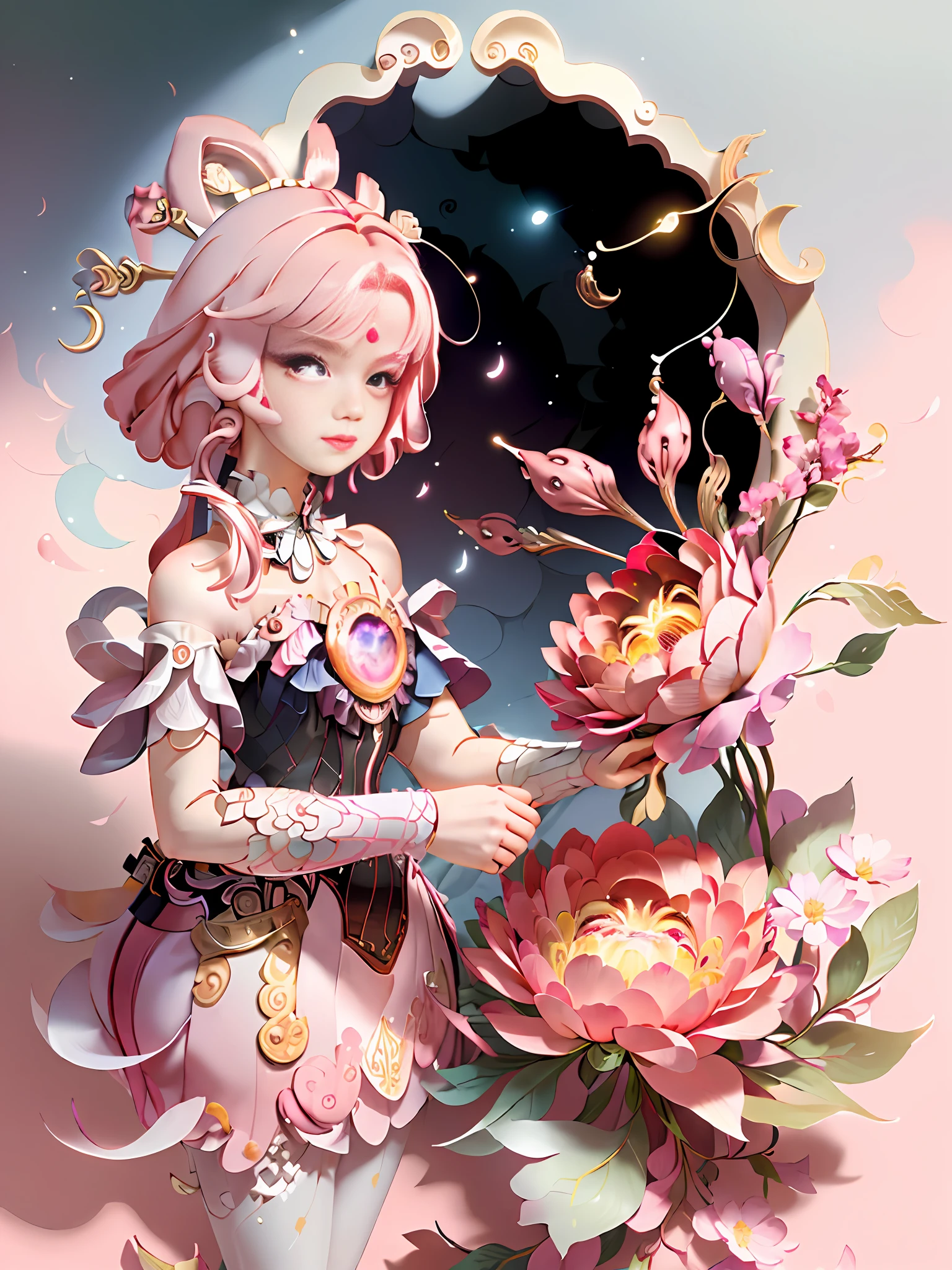 (((Masterpiece))), best quality, illustration, beautiful details glow, flowers, pink background, paper_cut, a girl, cute, pink hair, delicate face,