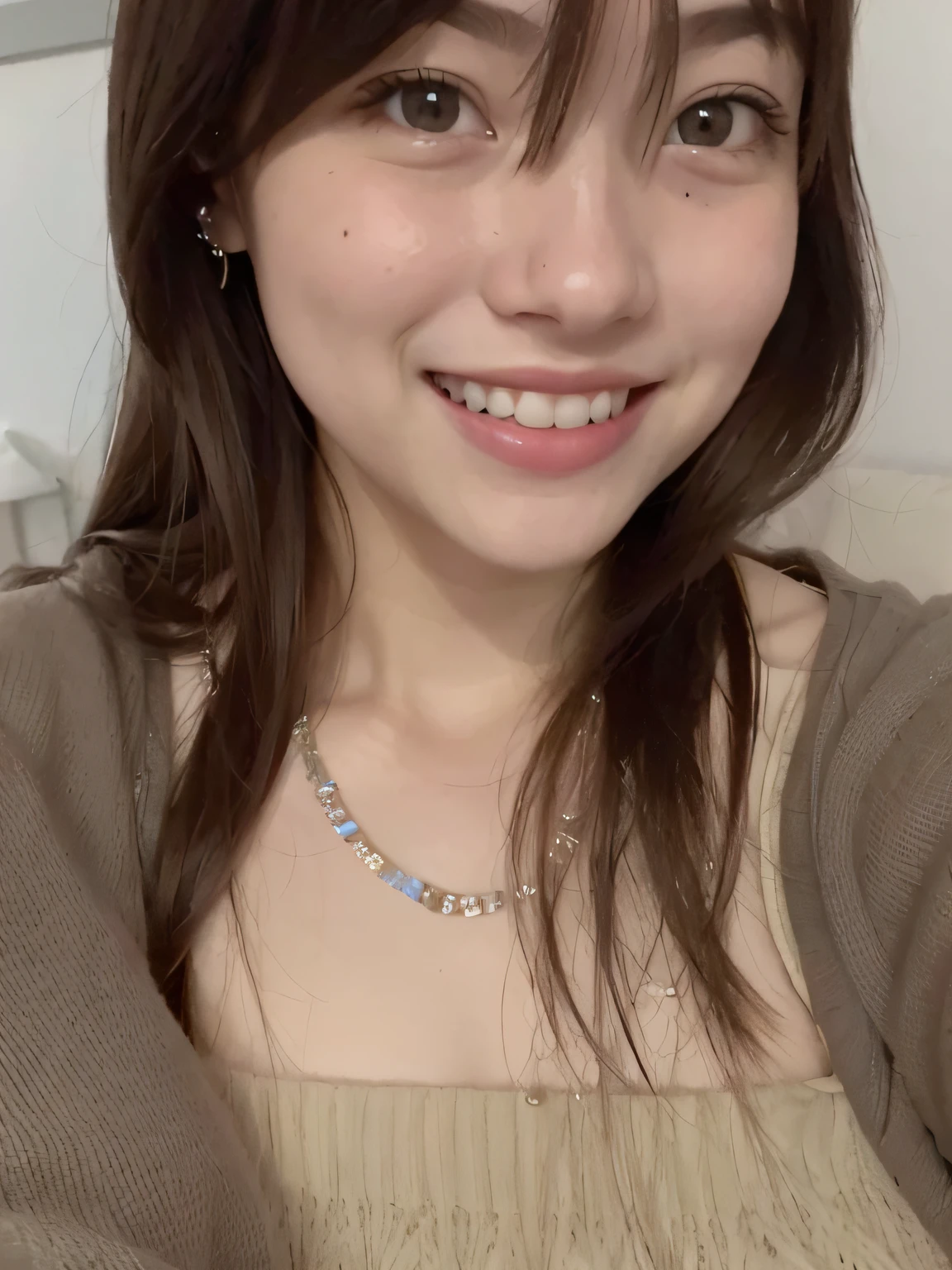 Close-up of a woman wearing a necklace around her neck, she has a cute face, clear and cute face, slightly cute smile, cute smile, round face, girl portrait, beautiful smile, she is laughing, round cheeks, small bright smile, she has a cute expression face, smiling sweetly, she is smiling very happily, young and cute Wanya face, 🤤 8k selfie