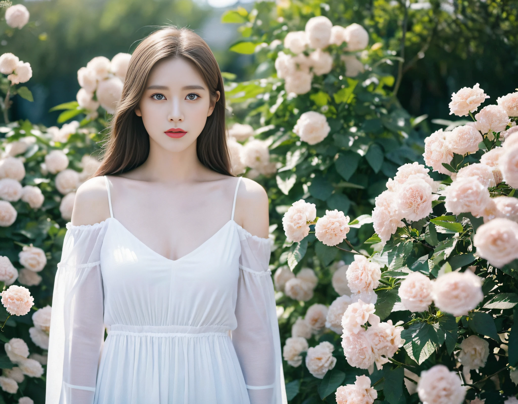 A woman wearing a white gauze is taking pictures surrounded by flowers of various colors (35mm style: 1.1), analog style, masterpiece, original, film grain, light magic lighting beam, dust in the beam, realism, vfx, fxaa, txaa, rtx, ssao, shader, noise reduction, noise reduction, ambient occlusion, tone mapping, moonlight, super resolution, ultra hd, megapixels, (8k resolution: 1.10), 8k, 8kres, 8k resolution, high detail, detail and intricacies, intricate details, absurd amount of detail, absurd, high resolution, (high quality: 1.2, masterpiece: 1.2, : 1.21), (mature female: 1.21 )。 White clothes, long hair, royal blue eyes, full body photo, beautiful breasts: 1.2,) focus: 1.2, perfect body beauty: 1.4,