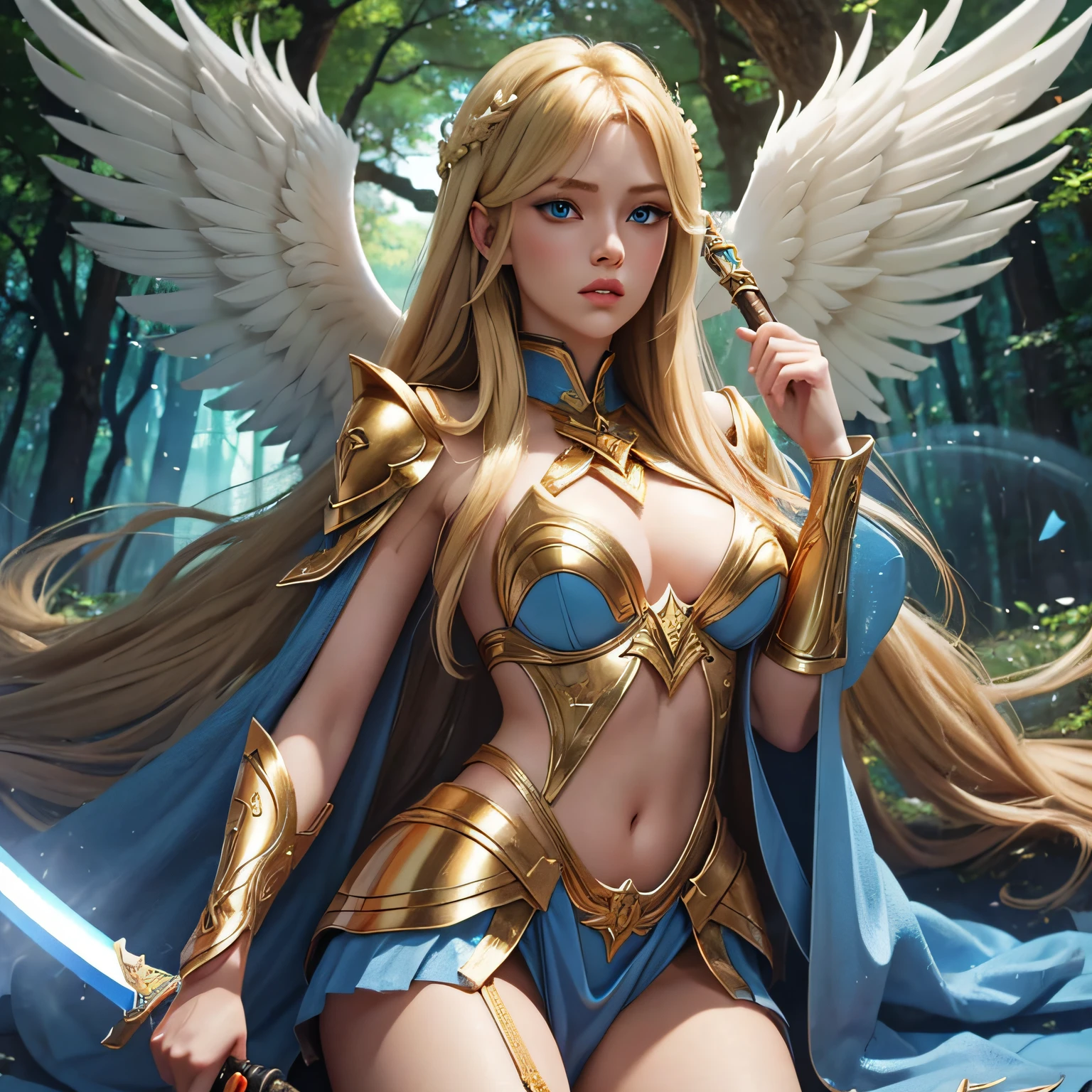 Top Quality 8K, Female Angel,Sexy,Long Blonde Hair,Anime,Goddess,Symmetrical Blue Eyes,Ultra Detailed Eyes,Transparent Langeri,Forest,Sword,Golden Wings, Full Body,Ultra Detailed Lips, Ultra Detailed Face, Double Eyelids --auto --s2