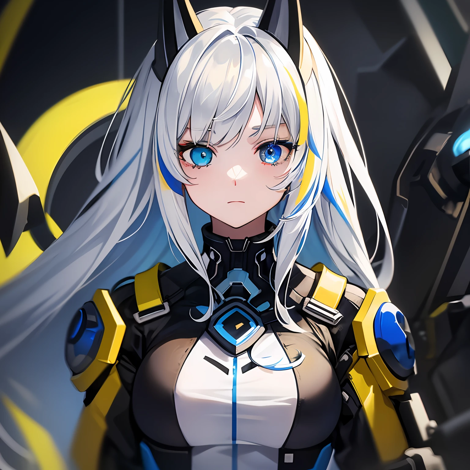 A girl with (heterochromia:blue and yellow:1.25)0.8], long white hair with bangs, highlighting her colored eyes, wearing technological clothes:1.2). --s2
