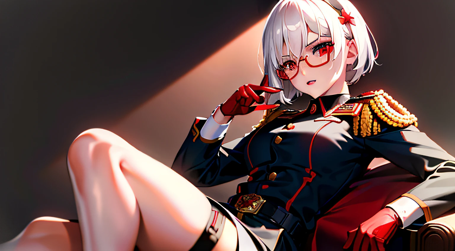 masterpiece , a girl, in a middle of war, ( lite white short hair:1.2), (red eyes:1.2), (russian spetsnaz millitary uniform:1.2), (looks at the viewer:1.2) , (8k, best quality 1.2), ultra-detailed, 8k uhd, soft lighting, high quality, film grain, beautiful lighting, cinematic ,perfect body , best illumination, best shadow, sharpness, contrast, red glasses, sadistic