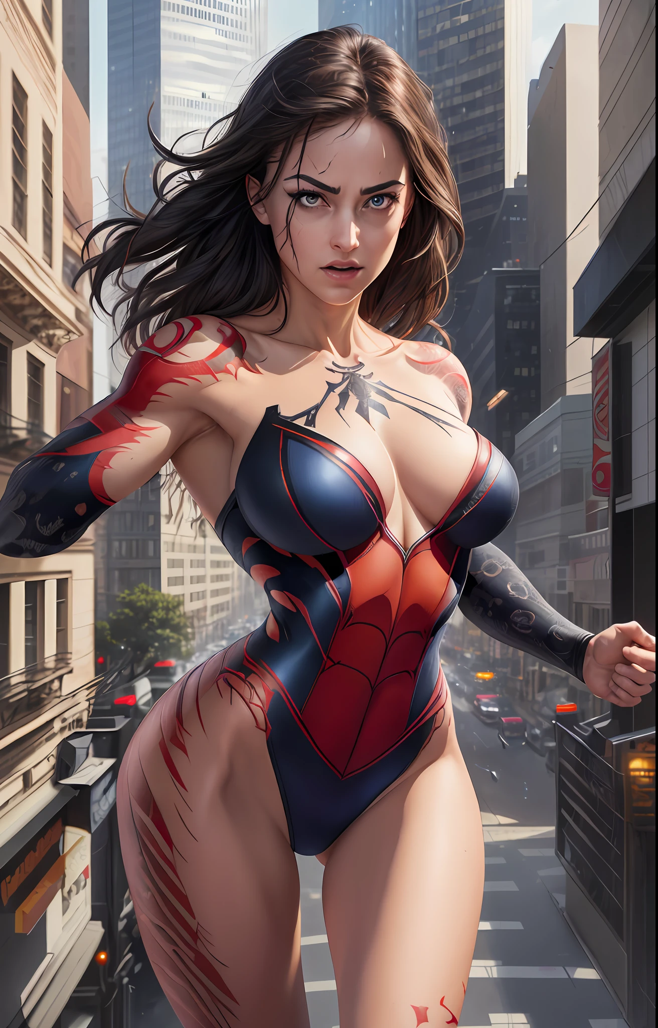 proportional eyes, (realistic: 1.5), photorealistic, hyper realistic, (extremely detailed eyes), hyper detailed, soft lighting, (detailed background), background with extreme detail, sharp details, ((full body)), female spider-man torn open front of the costume to reveal the breasts, flushed face, hanging on the side of the building,(large breasts tattooed neckline)