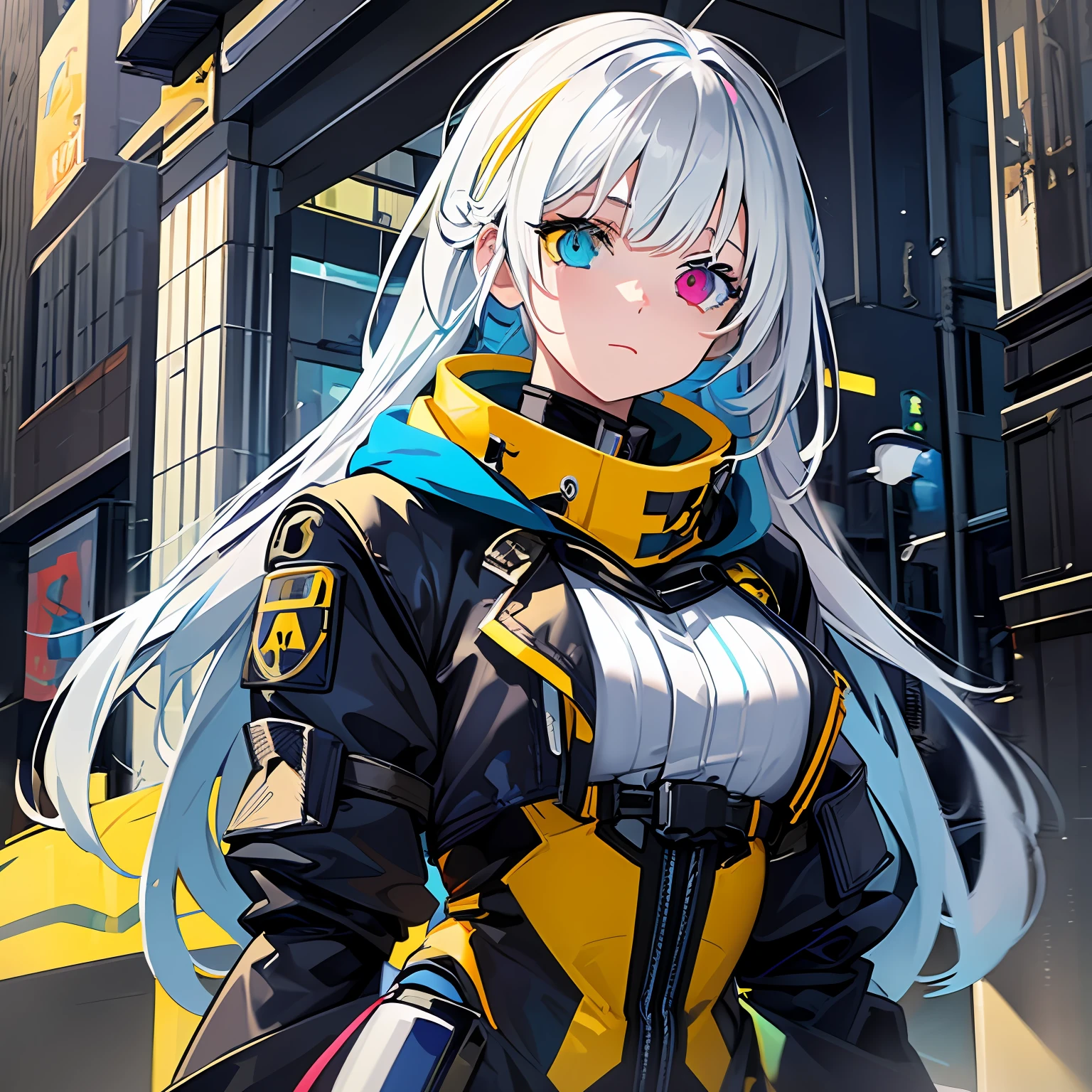A girl with (heterochromia:blue and yellow:1.25)0.8], long white hair with bangs, highlighting her colored eyes, wearing technological clothes:1.2). --s2