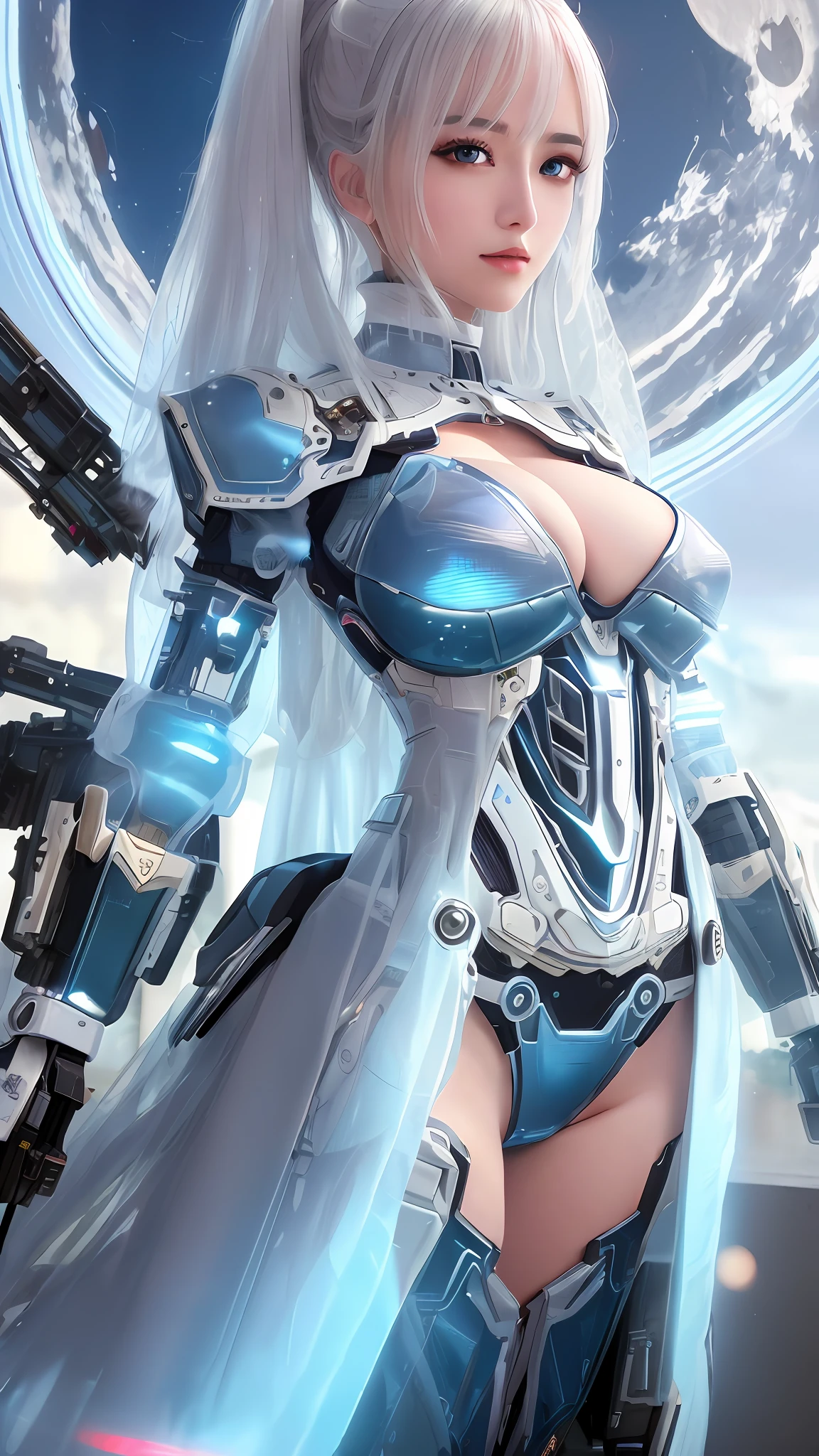 (8k, masterpiece, best quality), ultra-detailed, detailed beautiful round eyes, beautifully detailed face, high quality, high resolution, mecha girl wearing sexy outfit, massive breast, (see-through dress:1.2), mecha, ruins, perfect boobs, perfect face, nighttime, short white hair, small blue moon background, varied poses