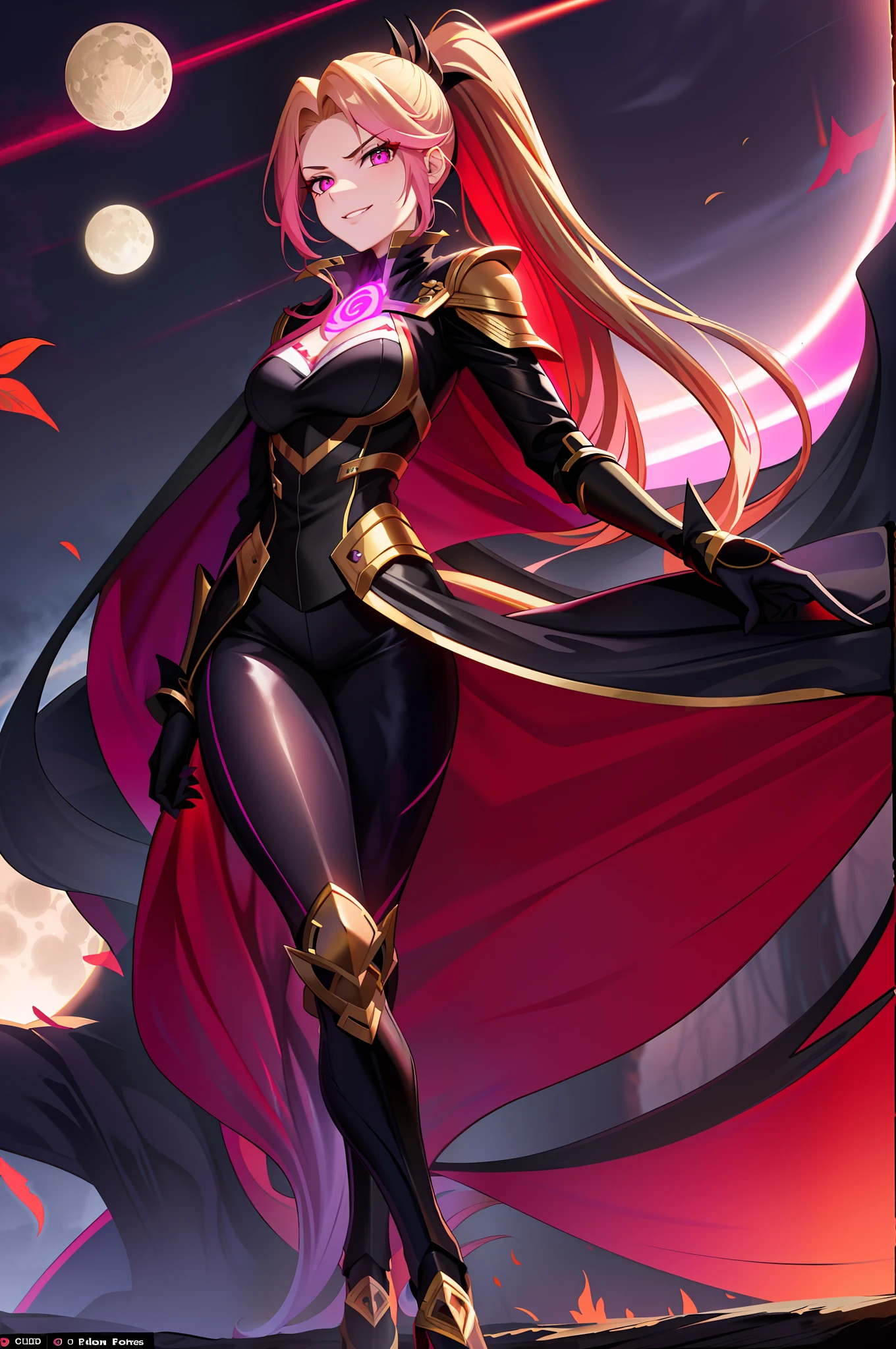 (masterpiece:1.2, best quality),1girl,solo, long hair, golden hair, red eyes, big eyes, well detailed eyes, well detailed face, mature woman , evil smile, smirk, ponytail, black fighting outfit with pink glowing patterns, heels, cape, dark sky , dark theme, moon, menacely walking , looking at the viewer, outdoor, on top of a cliff, extremely detailed eyes, purple flames