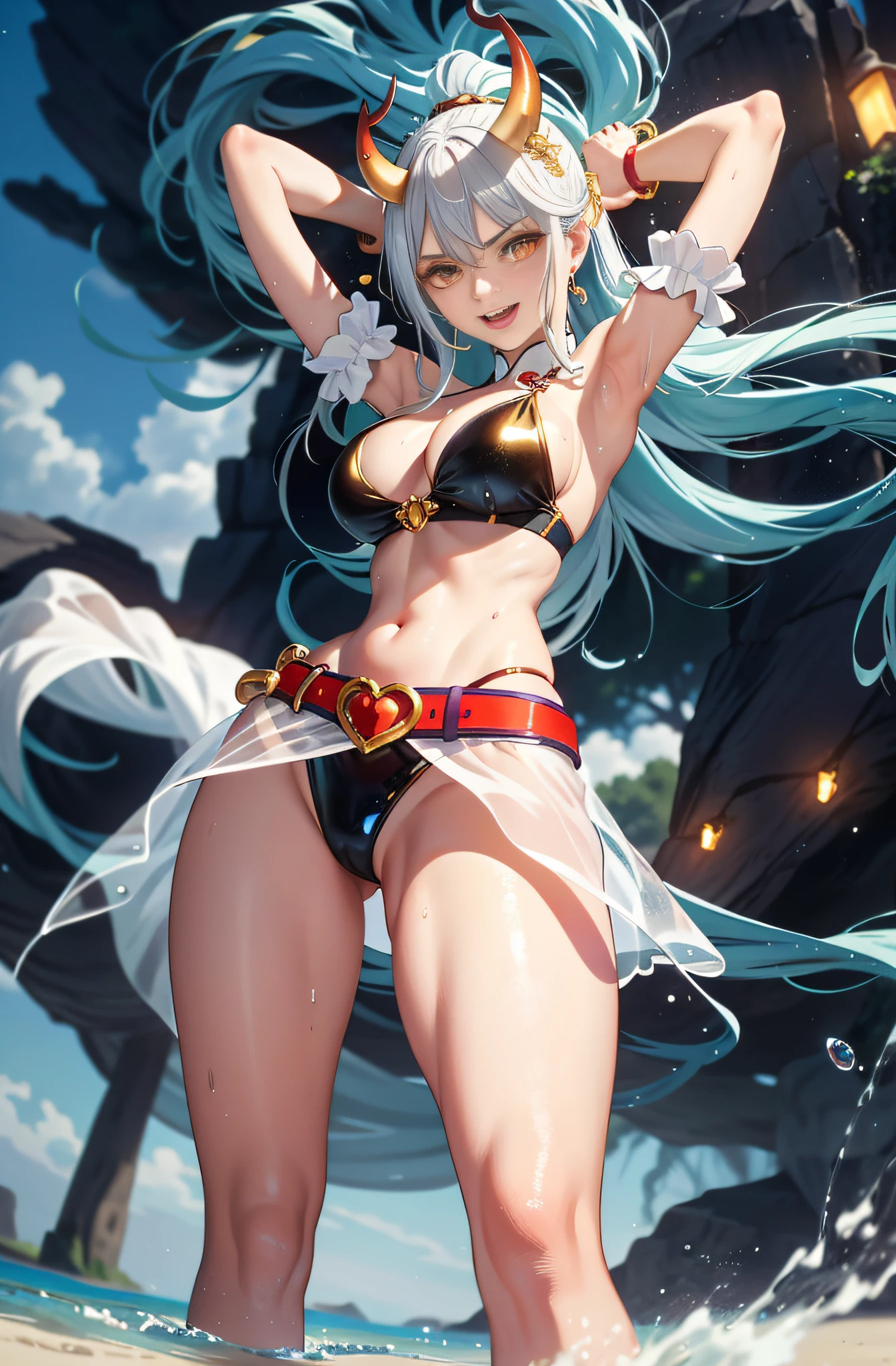 Oiled skin, bigger breasts, smaller bikini, open mouth and smile, showing teeth, fangs, teeth together. (NSFW: 1.98) Arad woman in bikini poses a sword on the beach, extremely detailed Artgerm, on the beach, Ross landscape background, perfect white-haired girl, seductive anime girl, like Artgerm, on the beach, beautiful seductive anime woman, Rostland !!!, Rostland style, art germ. Anime illustration on sunny beach, (oily skin)) with horns on the head and two red and yellow horns on the head. End of curl. White transparent cheongsam. (Wearing white transparent fabric cheongsam, cheongsam chest opening, highest fabric material, fabric performance 8K, physics engine calculation demonstration):: 1.8. (High-quality, detailed CG art), (beautiful light and shadow, floating effect) (1 person) (shiny hair, blue hair: 1.2 + gray hair: 1.6), when the skin between the chest and lower abdomen is wet, dripping water droplets and sweat slip together, sexy gorgeous, still photos convey a dynamic effect. (extremely detailed, well-made, highest image quality, strong specular reflection of bikinis, clear latex texture) The woman is extremely beautiful, extremely sexy, beautiful and moving, seductive, and the transparent texture of the leggings is just right, making people shine. ((NSFW, low saturation)) ((oily skin)), ((water droplets on the skin)), 1.6. The body is moist and shiny, the body is wet and shiny, the body is wet and shiny, the breasts are bigger, the ass is bigger. ((Masterpiece)), the best quality, super fine, highly realistic, wet all over, bathed in rain, every bead of sweat is clearly visible. (Masterpiece: 1.6), (Best Quality: 1.5), Ultra High Resolution, 1 Girl, Very Detailed, 8K, Beautiful, Detailed Eyes, Look at the Viewer, Intense Dark Colors, (Depth of Field), (Dynamic), (Epic), Sharp Focus, (Intricate Details: 1.86), Full Color, Nano \ (One Piece), Bangs, Bare Shoulders, Belt, Gold Striped Clear Heart Sticker, Blue Sky, Bracelet, Breasts, (Orange Eyes: 1.72)