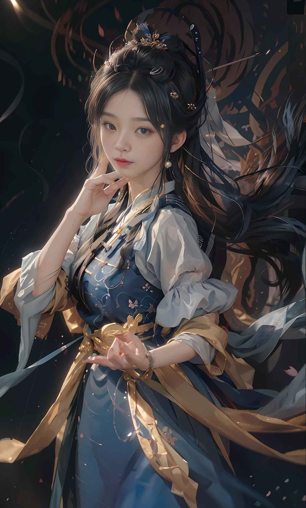 (Original photo, best quality), (realistic, photo realistic: 1.3), dark blue hanbok dress, delicate headdress, hairpins, water sleeves, flying ribbons, delicate facial features, flying petals, 8k wallpaper, ink, amazing, movie lighting, lens_flare, dunhuang_style