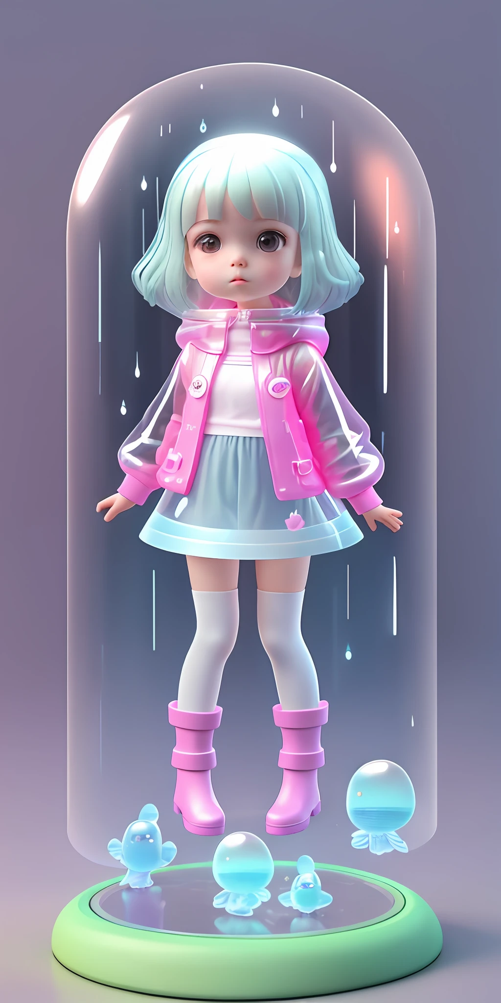 Cool, cute, little girl, big long legs, pretty socks, cute transparent rain boots, transparent raincoat,toys, blender, candy color, Cyberpunk, fashion trend, 3s material, simple background, Bubble Mart,blind box, Bubble luminous little creature, c4d,3d, whole body