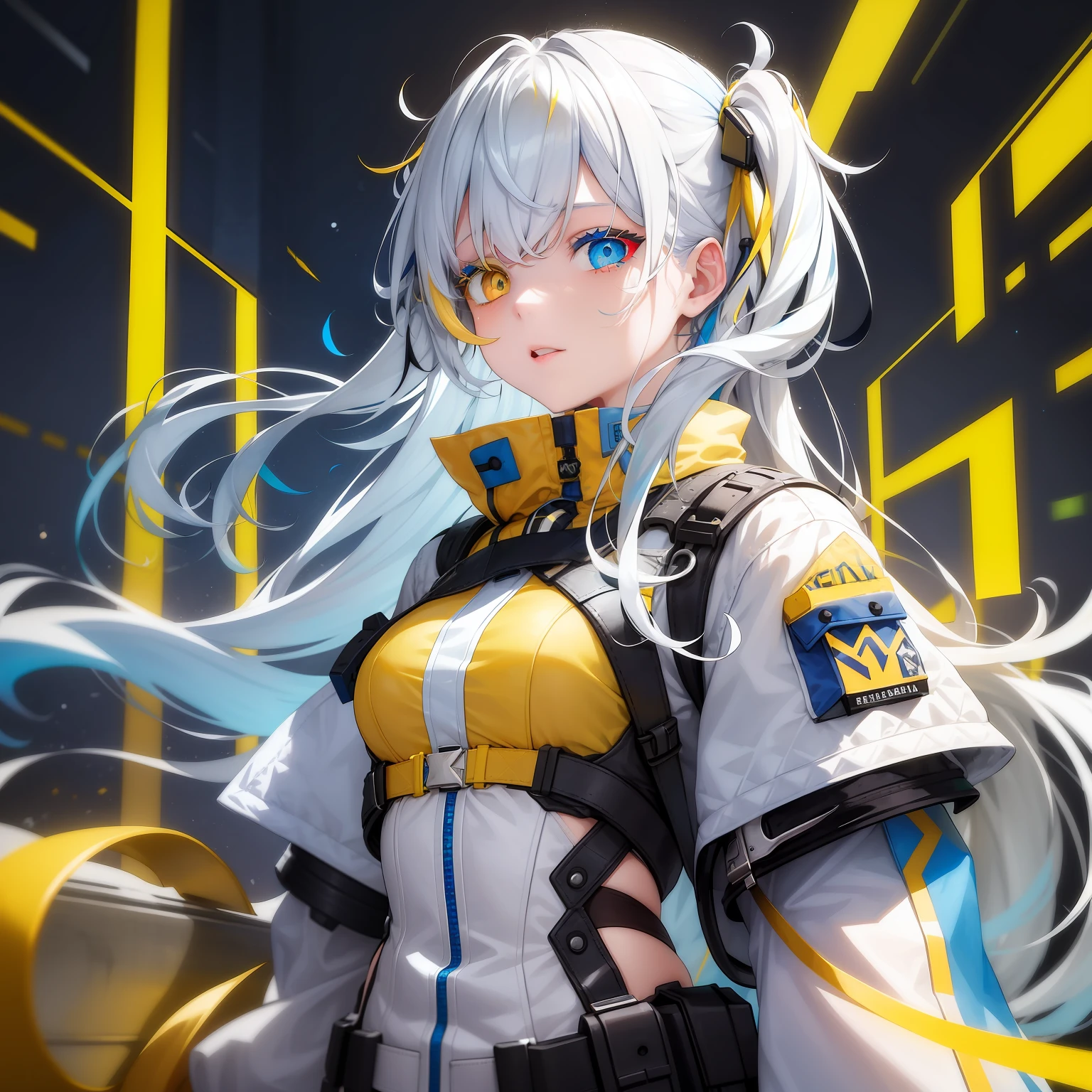 A girl with (heterochromia:blue and yellow:1.333)0.8], long white hair with bangs, highlighting her colored eyes, wearing technological clothes:1.25). --s2