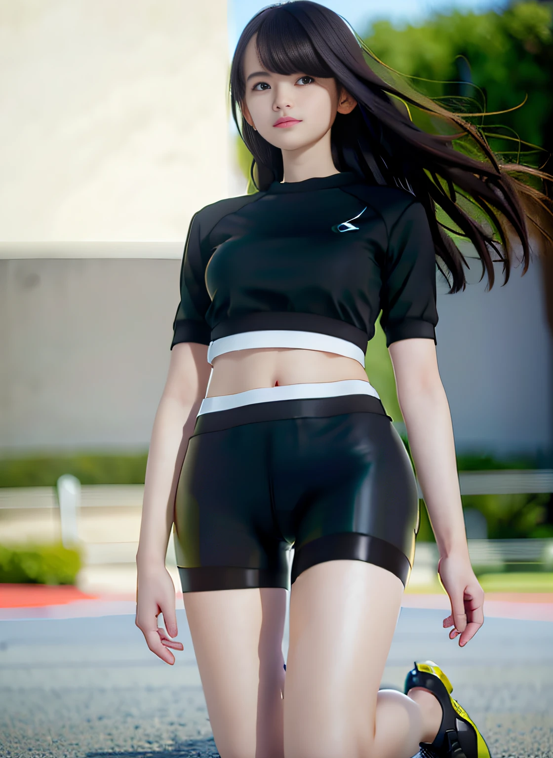 mix4, (8k, RAW photo, top quality, masterpiece: 1.27), (realistic, photorealistic: 1.37), photon mapping, radiosity, one girl, mature, cool, professional lighting, physically based rendering, ((Black spandex shorts: 1.37)), Skirt, Bike shorts under skirt, lively girl, Whole from the side, kneeling position, hair fluttering in the wind, blurring background, handsome, masterpiece, highest quality, high resolution, highest quality photo, high resolution, 1080p, (delicate skin), (clear face), (detailed face description), (detailed hand description), (masterpiece), (elaborate facial features), (highest quality photo), (masterpiece), (detailed eyes)