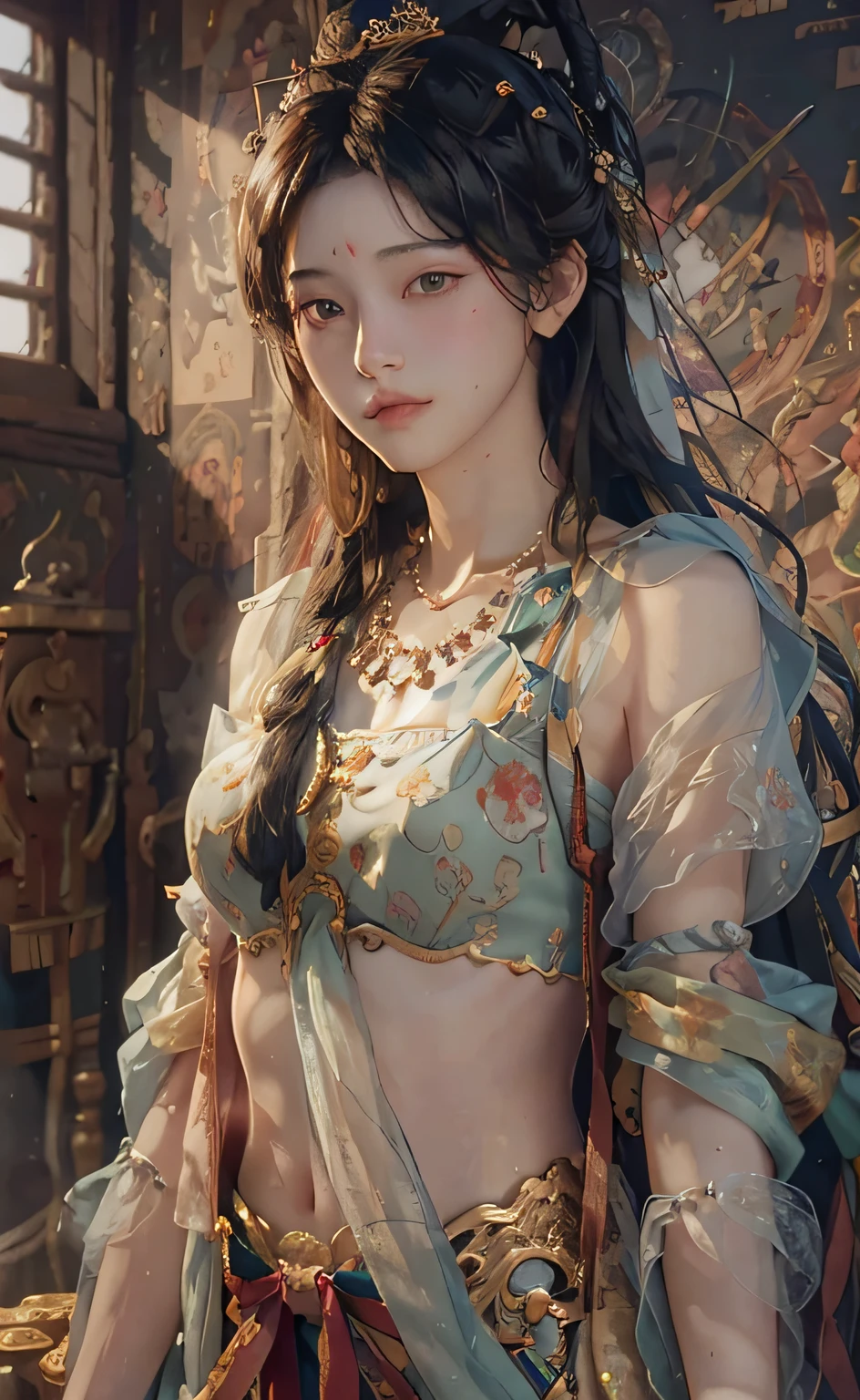 (RAW photos, top quality), (realistic, photorealistic: 1.3), highest quality, high definition, masterpiece, super detail, illustration, 1girl, upper_body, dynamic angle, world masterpiece theater, messy_long_hair, top quality, highly detailed CG Unity 8k wallpaper, ink, stunning, cinematic lighting, lens_flare, dunhuang_ style, (whole body: 1.3),