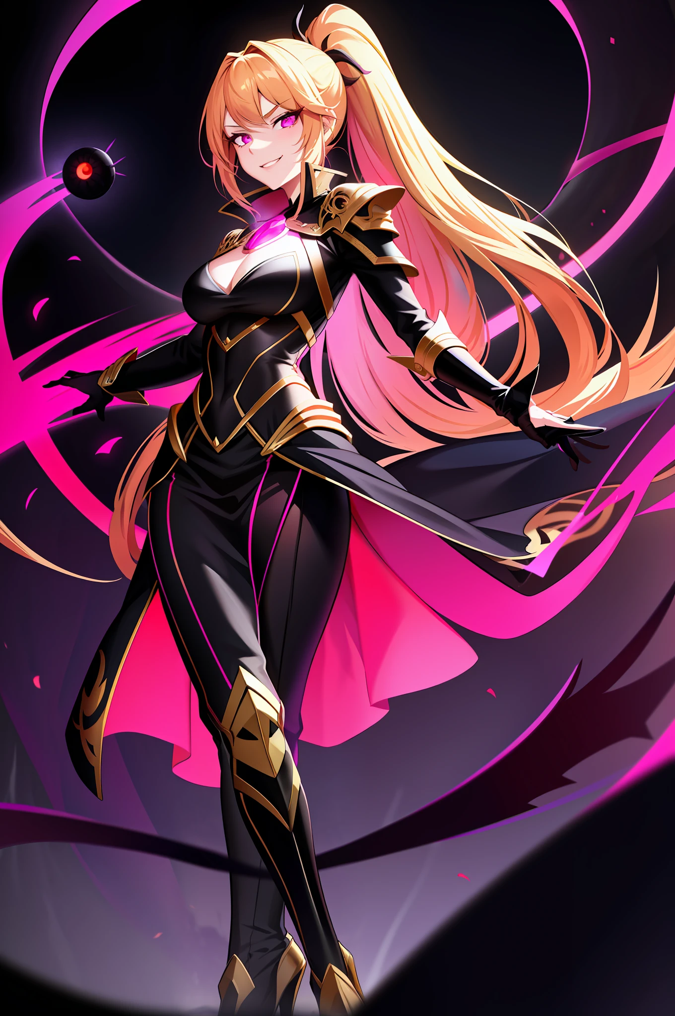 (masterpiece:1.2, best quality),1girl,solo, long hair, golden hair, red eyes, big eyes, well detailed eyes, well detailed face, mature woman , evil smile, smirk, ponytail, black fighting outfit with pink glowing patterns, heels, cape, dark sky , dark theme, moon, menacely walking , looking at the viewer, outdoor, on top of a cliff, extremely detailed eyes, purple flames
