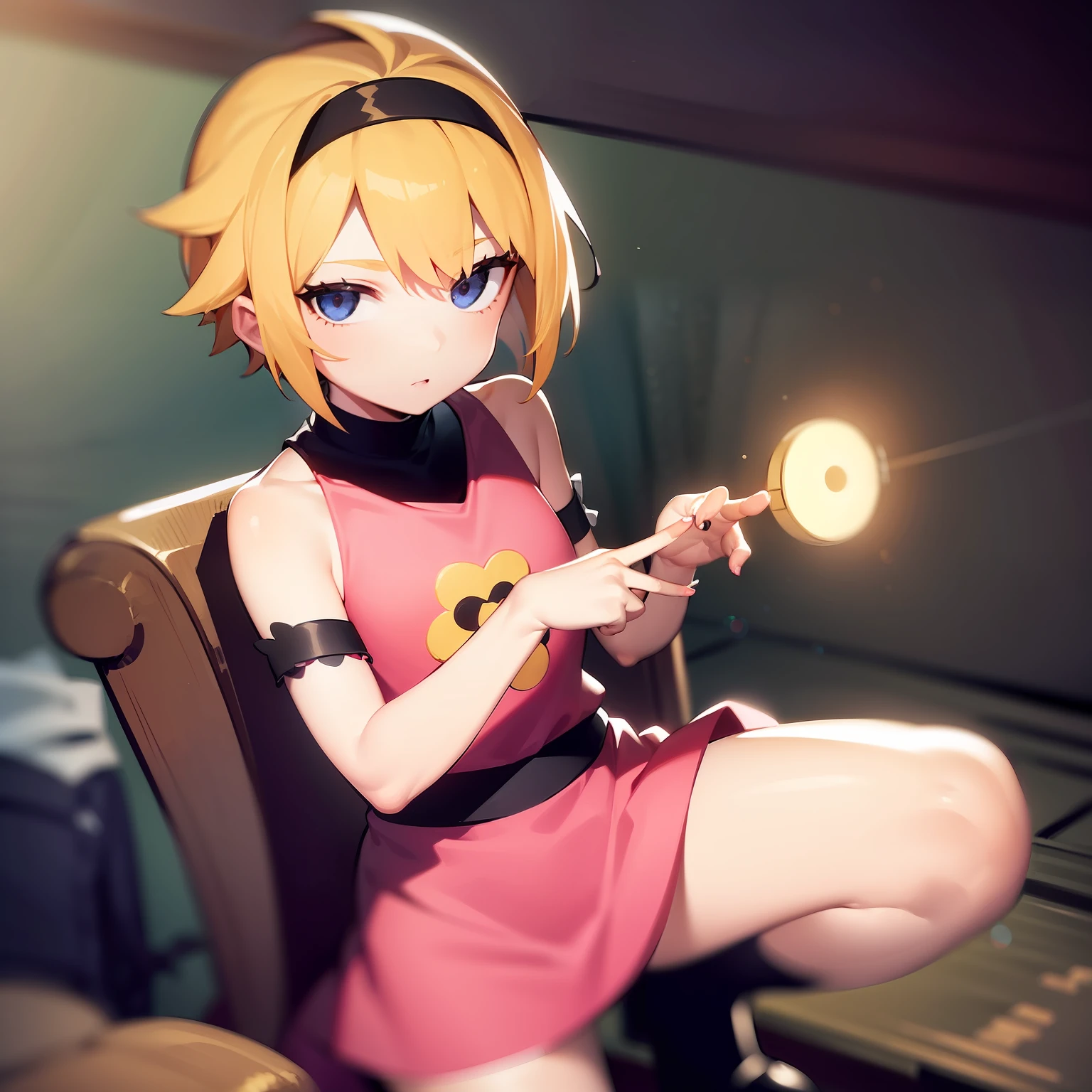 ((masterpiece, best quality)),(complex lighting), solo, full body, 1girl, mandy,blonde hair, pink dress, short hair, black eyes, black headband, sharp hair, empty hands,