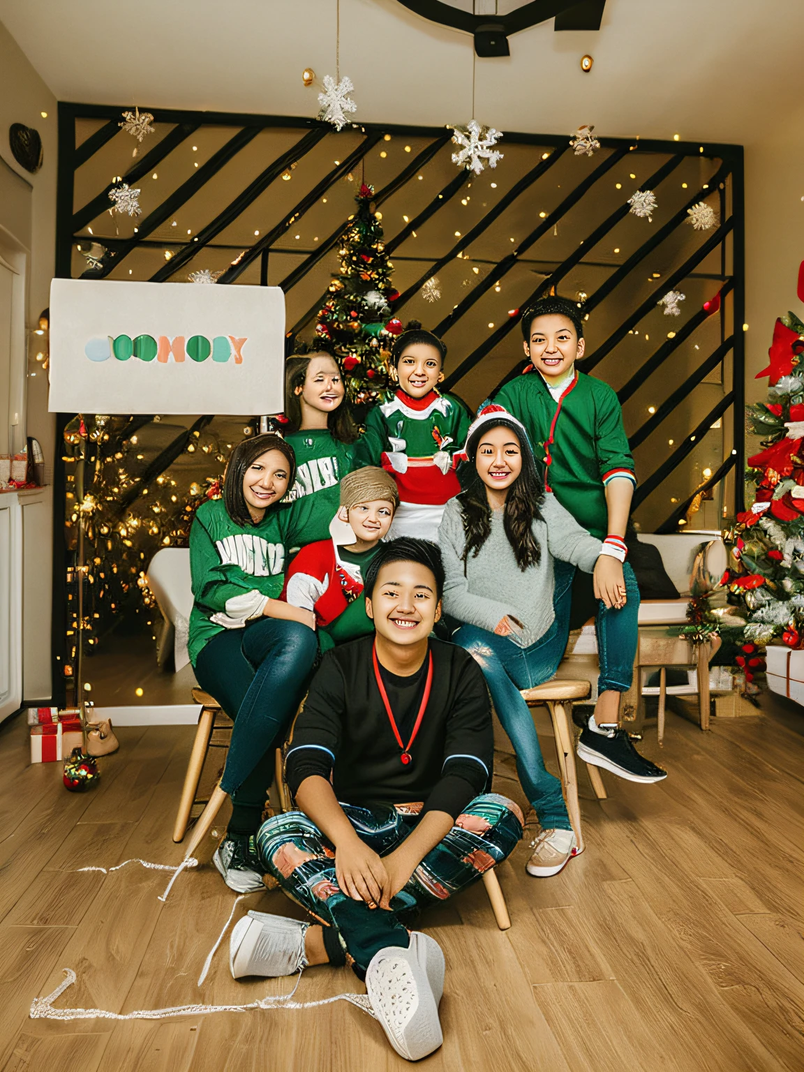 there are many people sitting and standing in a room together, 3 girls and 4 boys, group photo, Christmas theme, photorelistic