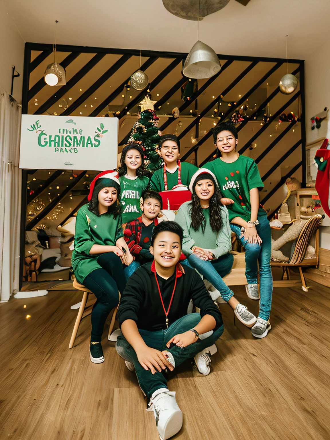there are many people sitting and standing in a room together, 3 girls and 4 boys, group photo, Christmas theme, photorelistic
