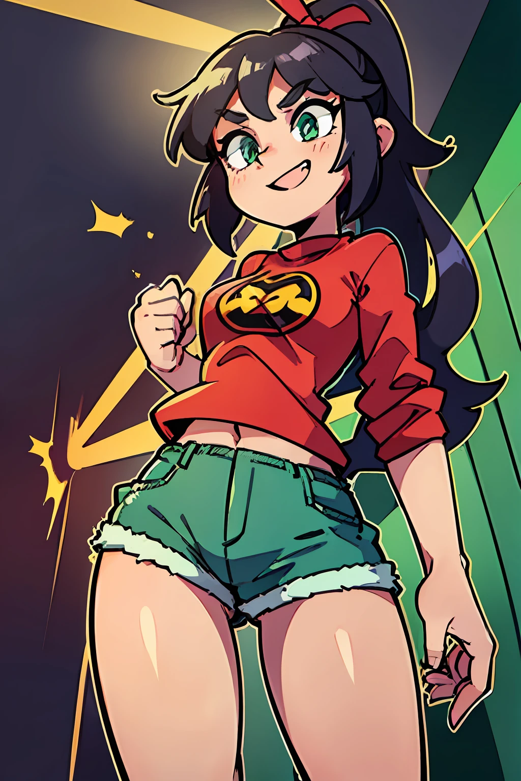 masterpiece, high quality, (anime), best quality, 1girl, very detailed eyes and face, loose red shirt, dynamic pose, dynamic light, face only, ponytail hair, (background: classroom), (((green eyes))), dark hair, ((((red shirt)))), ((yellow logo)), denim shorts, aquamarine shorts, ((excited)), black hair, yellow bun, stop, ((short long))), (gray tights), front view,  dark black hair, flat chest, (15 years), small figure, small thighs, (G logo), large size shirt, thin body, ponytail hair, ((dynamic background)), dark greenish hair, close view,