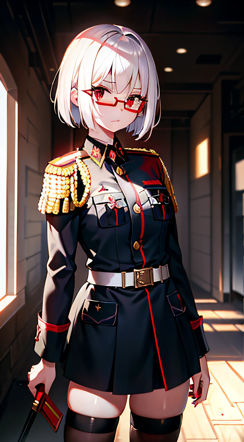 masterpiece , a girl, in a middle of war, ( lite white short hair:1.2), (red eyes:1.2), (russian spetsnaz millitary uniform:1.2), (looks at the viewer:1.2) , (8k, best quality 1.2), ultra-detailed, 8k uhd, soft lighting, high quality, film grain, beautiful lighting, cinematic ,perfect body , best illumination, best shadow, sharpness, contrast, red glasses, sadistic