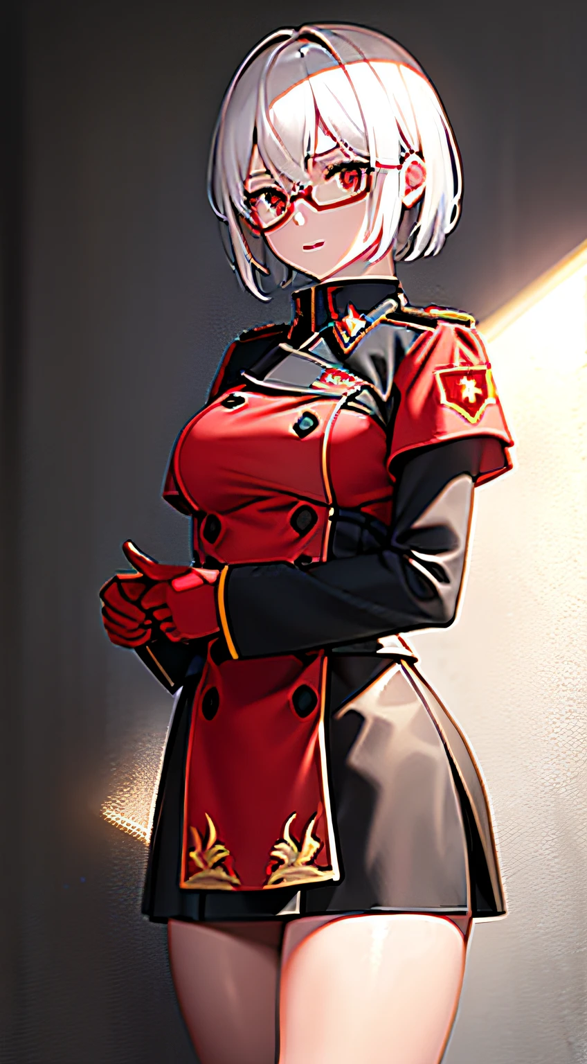 masterpiece , a girl, in a middle of war, ( lite white short hair:1.2), (red eyes:1.2), (russian spetsnaz millitary uniform:1.2), (looks at the viewer:1.2) , (8k, best quality 1.2), ultra-detailed, 8k uhd, soft lighting, high quality, film grain, beautiful lighting, cinematic ,perfect body , best illumination, best shadow, sharpness, contrast, red glasses, sadistic