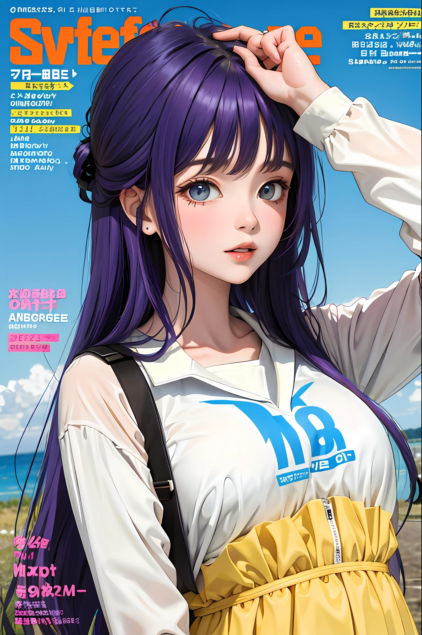 masterpiece, best quality, spring outfit, colorful hair, outdoor, magazine cover ,upper body,