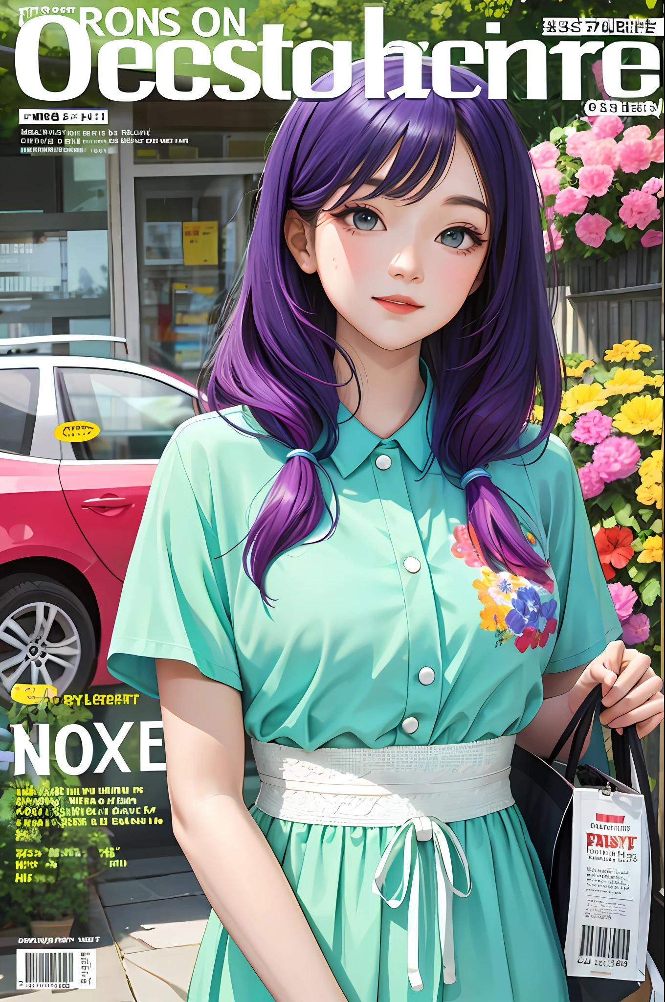 masterpiece, best quality, spring outfit, colorful hair, outdoor, magazine cover ,upper body,