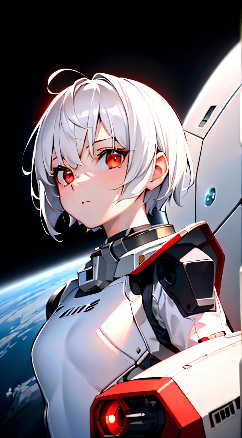 masterpiece , a girl, in space, ( lite white short hair:1.2), (red eyes:1.2), (Extravehicular Mobility Unit:1.2), (looks at the viewer:1.2) , (8k, best quality 1.2), ultra-detailed, 8k uhd, soft lighting, high quality, film grain, beautiful lighting, cinematic ,perfect body , best illumination, best shadow, sharpness, contrast, panic face