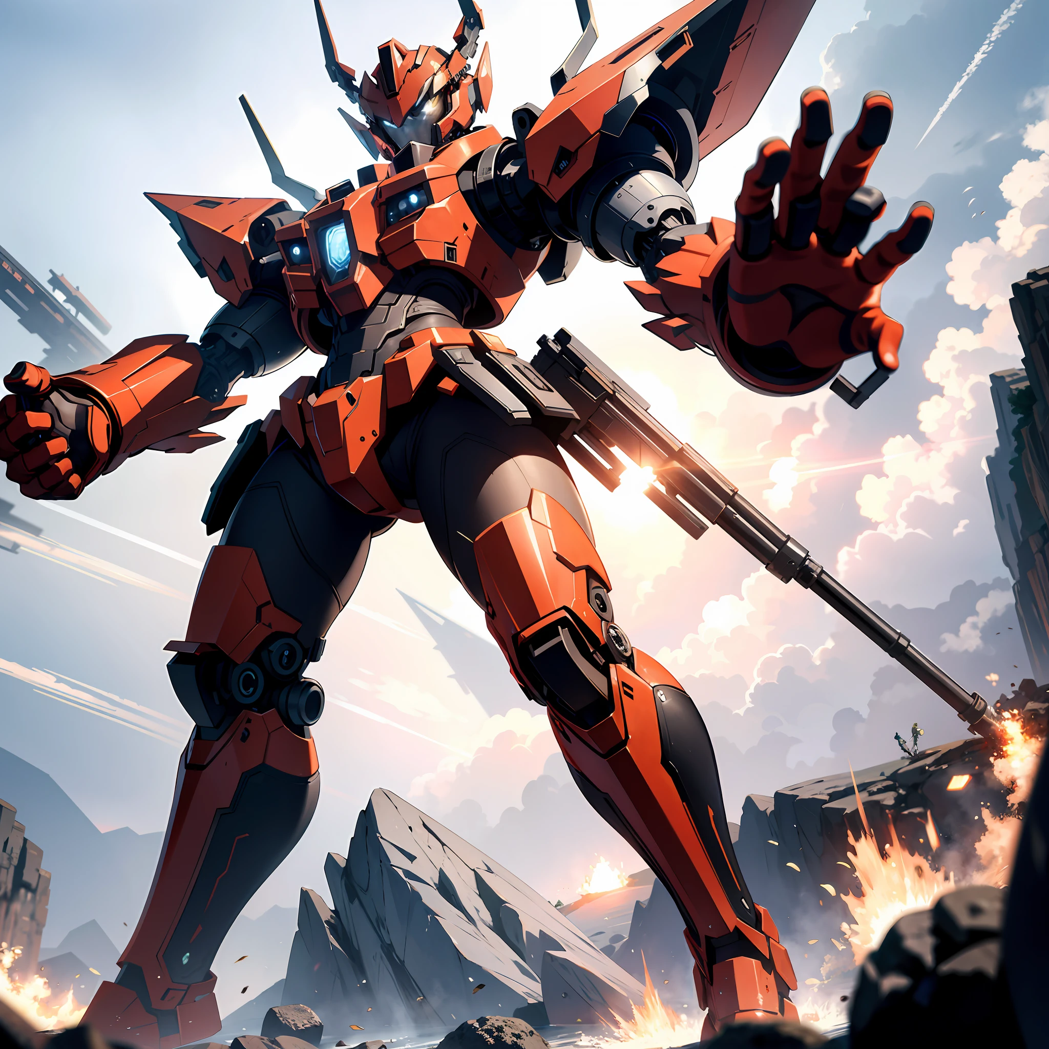 Absurd resolution, high resolution, (masterpiece: 1.4), hyper-detail, a mech, red armor, floating flight in the sky (1.8) background is earth, fire