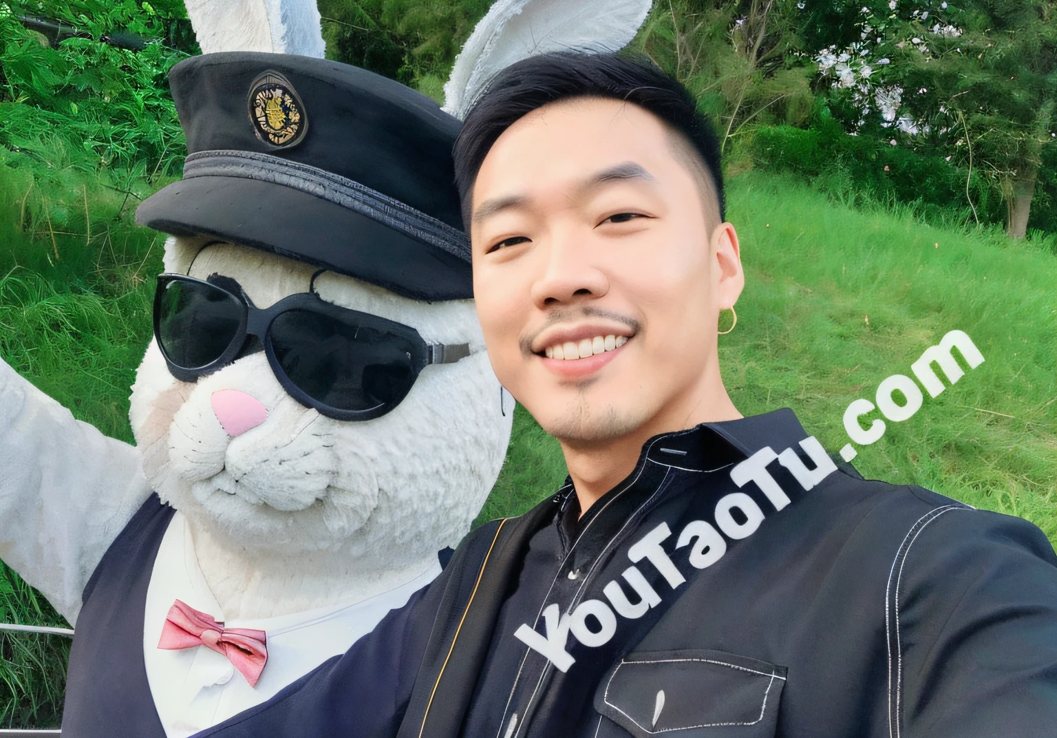 there is a man posing with a giant bunny statue in the background, hsiao-ron, yanjun chengt, profile picture 1024px, stanley lau, 中 元 节, kevin hou, toru narita, 🚿🗝📝, yuan - ti, 千 葉 雄 大