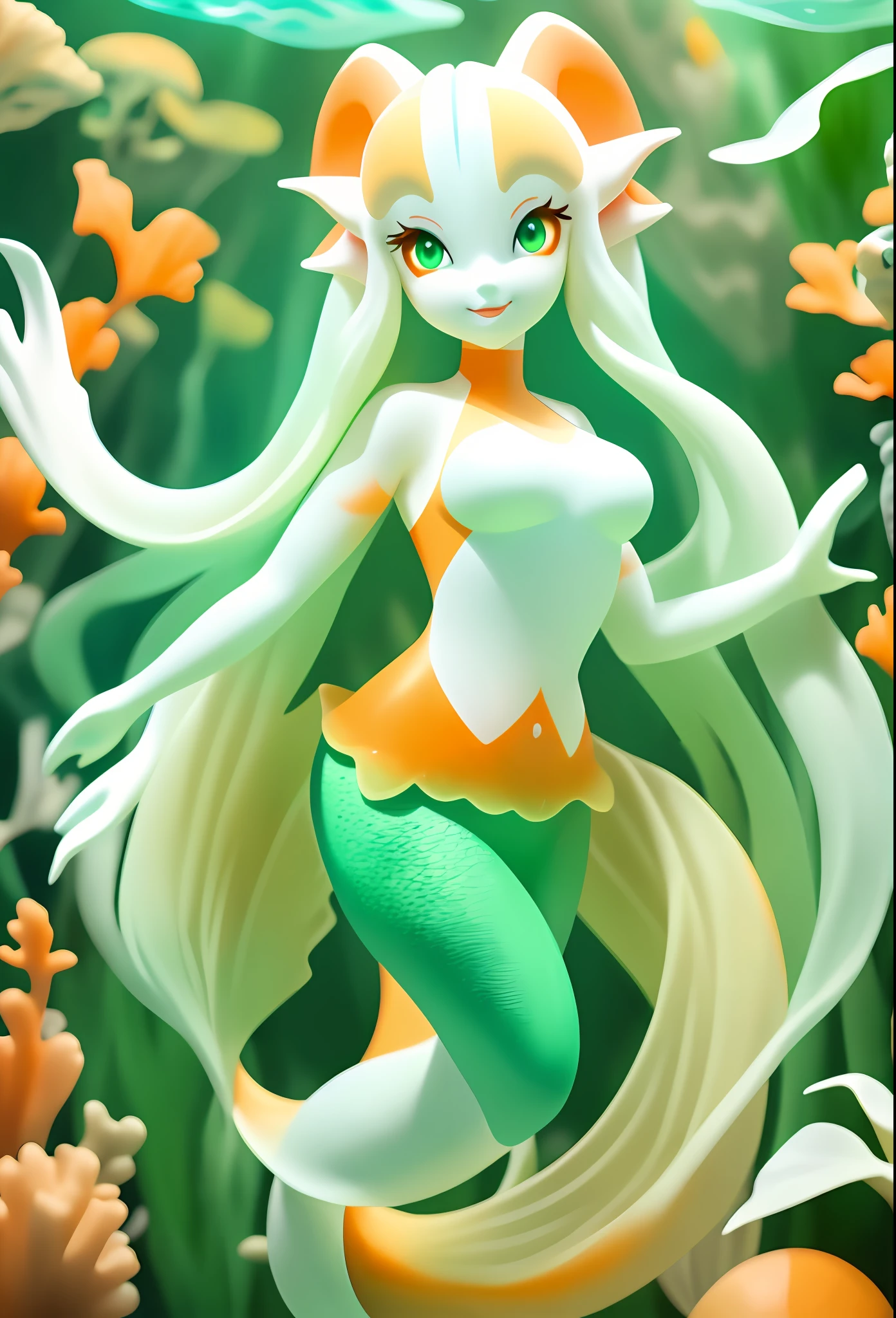 Mermaid, (monster girl), pale skin, orange molted markings, a white forehead horn, white fins with orange markings, white tail with orange molted markings, green eyes, very lovely, wearing a lacey mermaid top, masterpiece, best quality